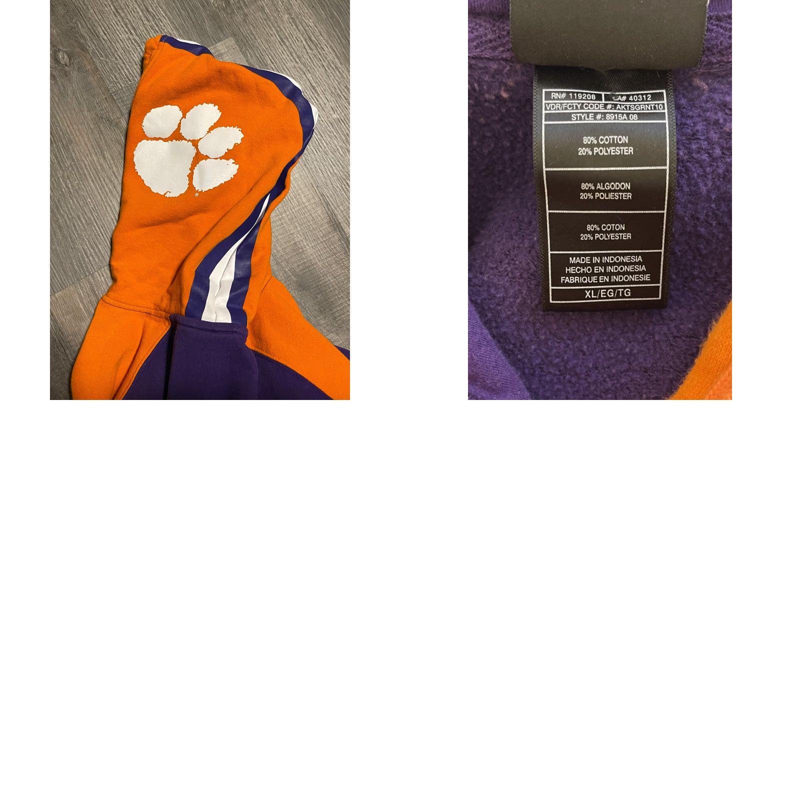 Adidas Adidas Clemson Mens Extra Large Hoodie Cotton Purple/Orange Paws On Hood Size US XL / EU 56 / 4 - 8 Thumbnail