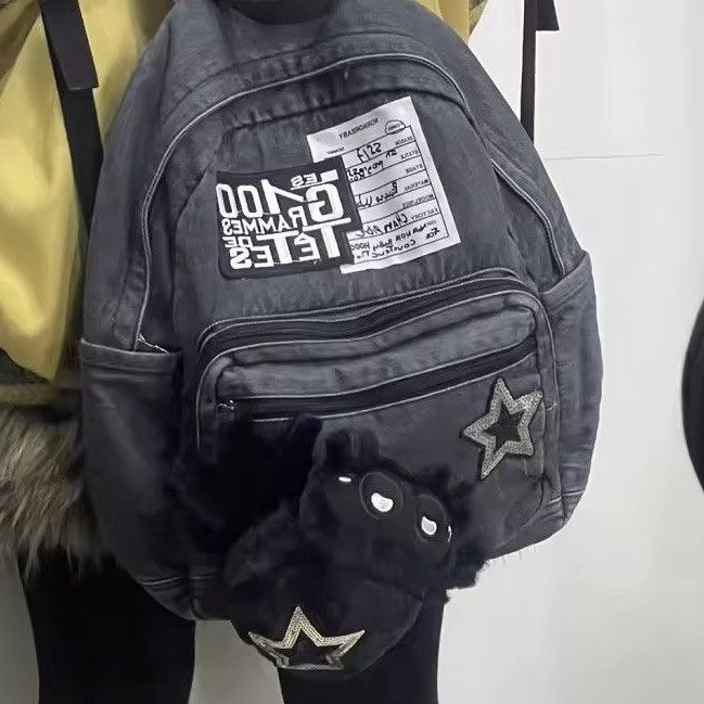 Japanese Brand Cartoon Washed Punk Goth Capacity Canvas School Backpack Bag Size ONE SIZE - 5 Thumbnail