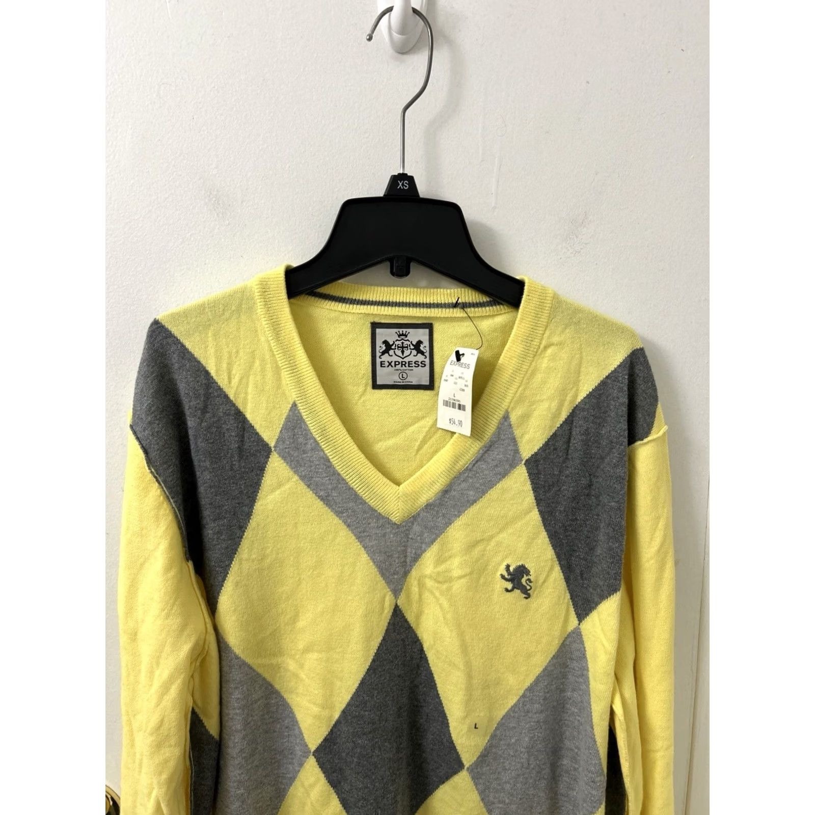 Express VINTAGE Express V Neck Sweater Mens L Yellow Diamond Print Pullover Sweatshirt L/S Size US L / EU 52-54 / 3 - 2 Thumbnail