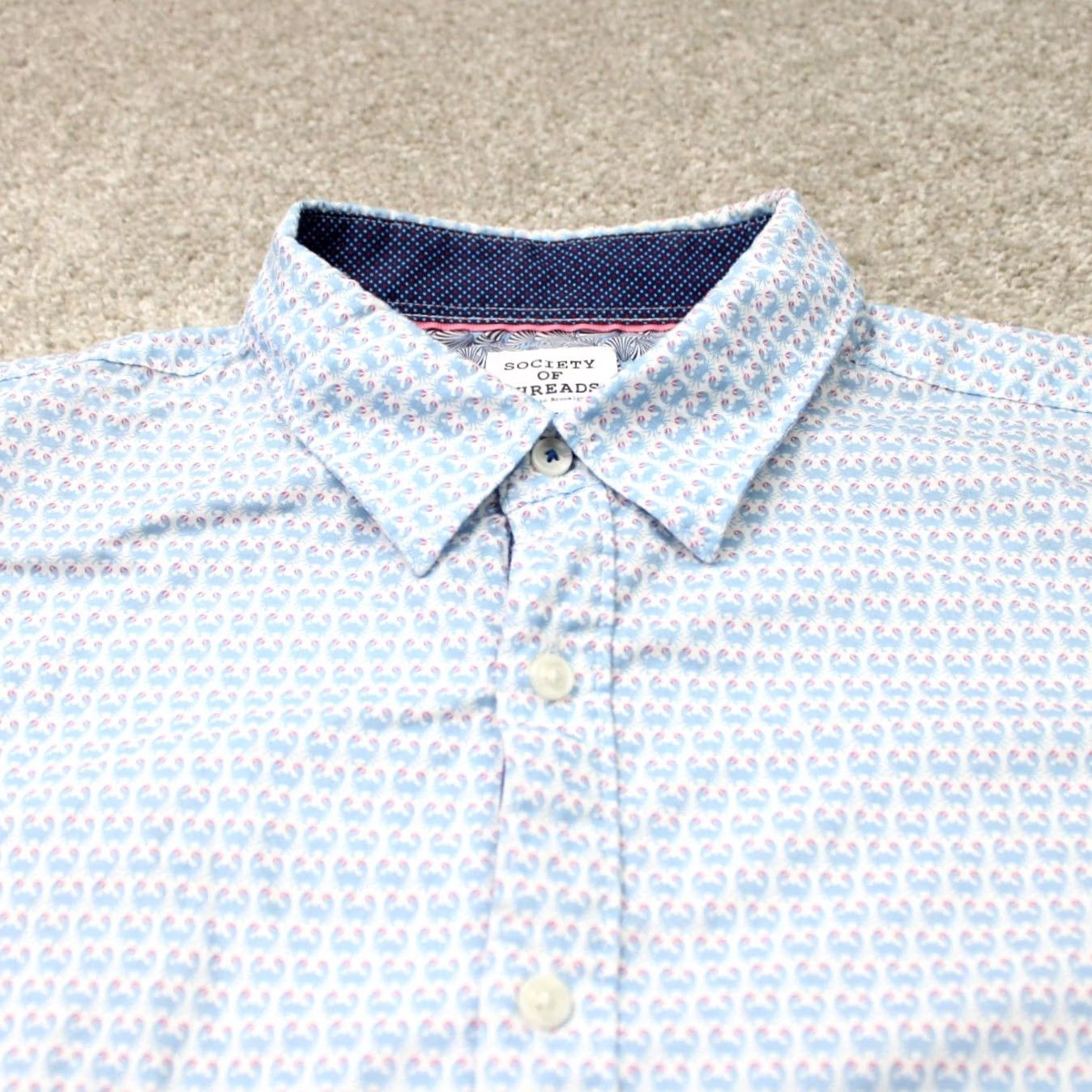 Vintage Society of Threads Shirt Mens XL Blue Crab All Over Print S/S Button-Up Graphic Print Casual Cotton Blend Twill Lightweight Breathable Non-Iron Size US XL / EU 56 / 4 - 5 Thumbnail