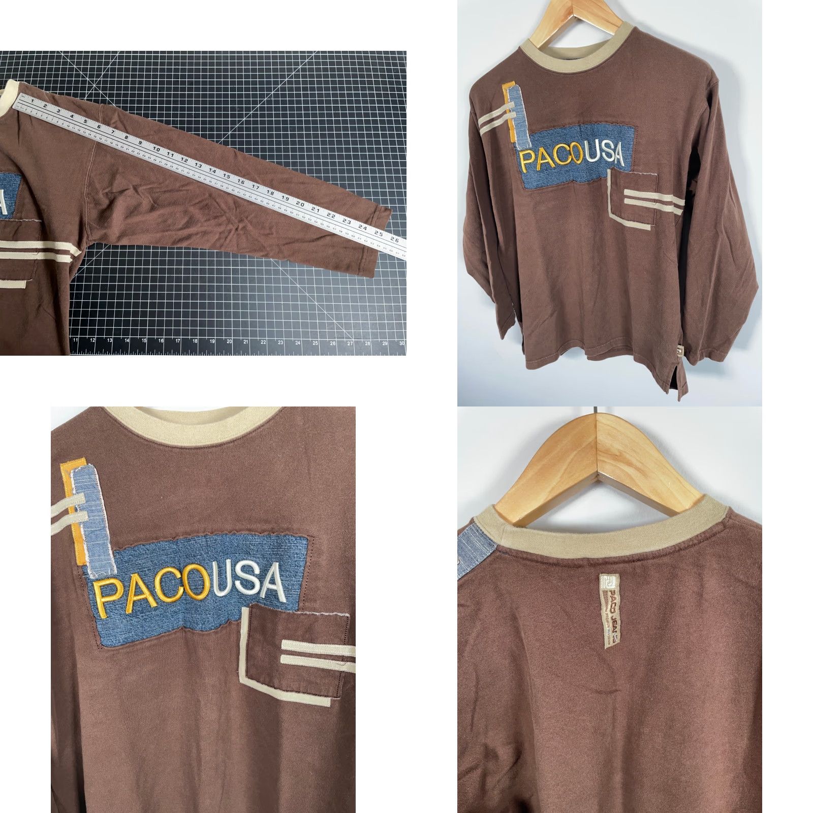 Vintage VINTAGE Paco Jeans T-Shirt 3/4 Sleeve Men Large Brown Embroidered 90s Hipster Retro Cotton Shirt Size US L / EU 52-54 / 3 - 8 Thumbnail