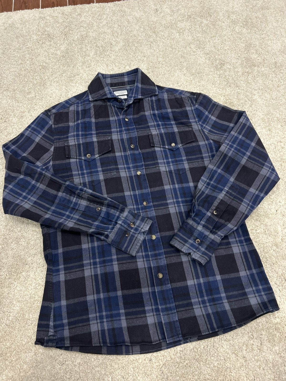 Brunello cucinelli blue plaid shirt western style snaps