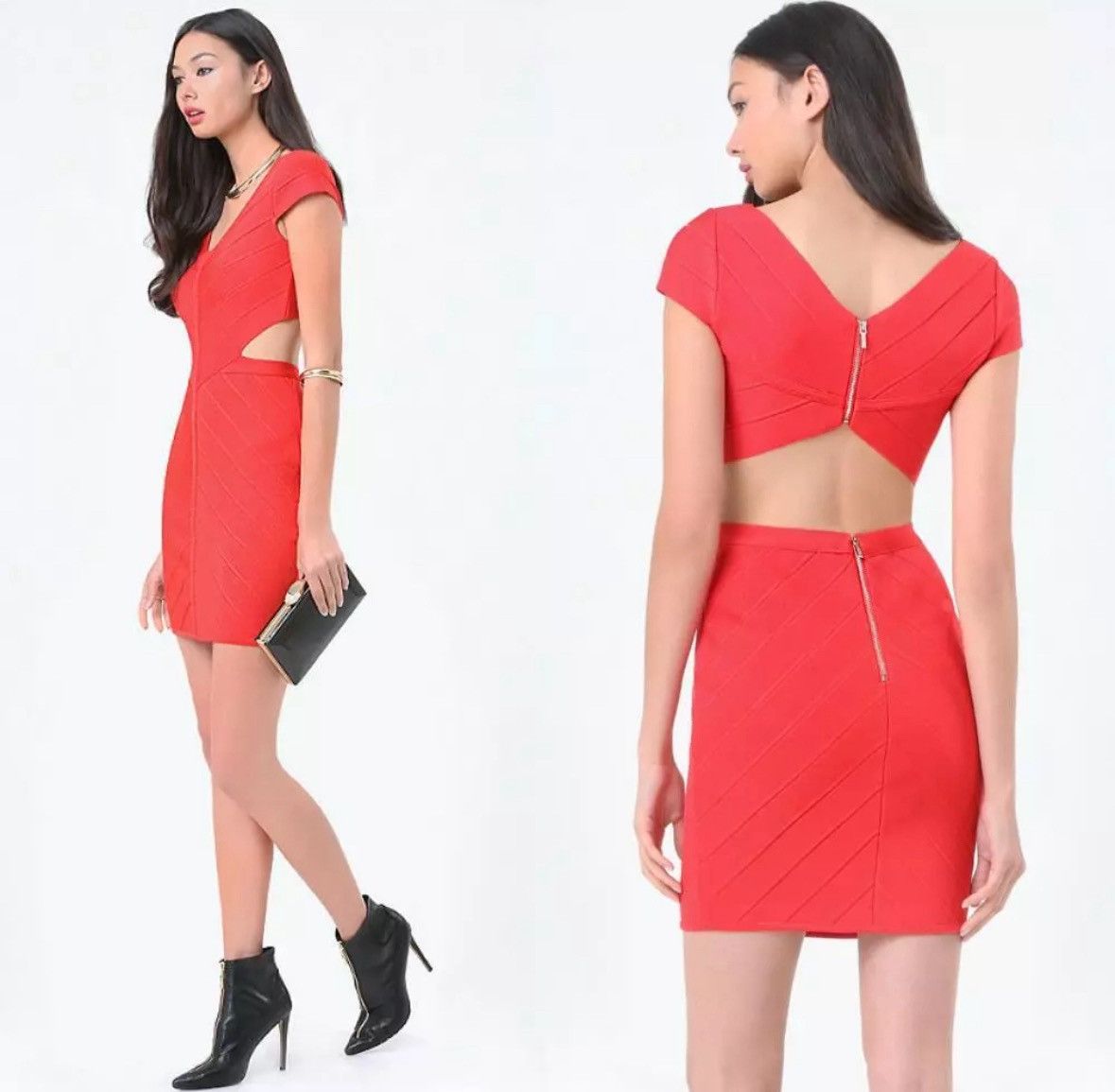 Bebe BEBE RED HIBISCUS BANDAGE CUTOUT MYA MITRED DRESS SIZE XS Size XS / US 0-2 / IT 36-38 - 3 Thumbnail