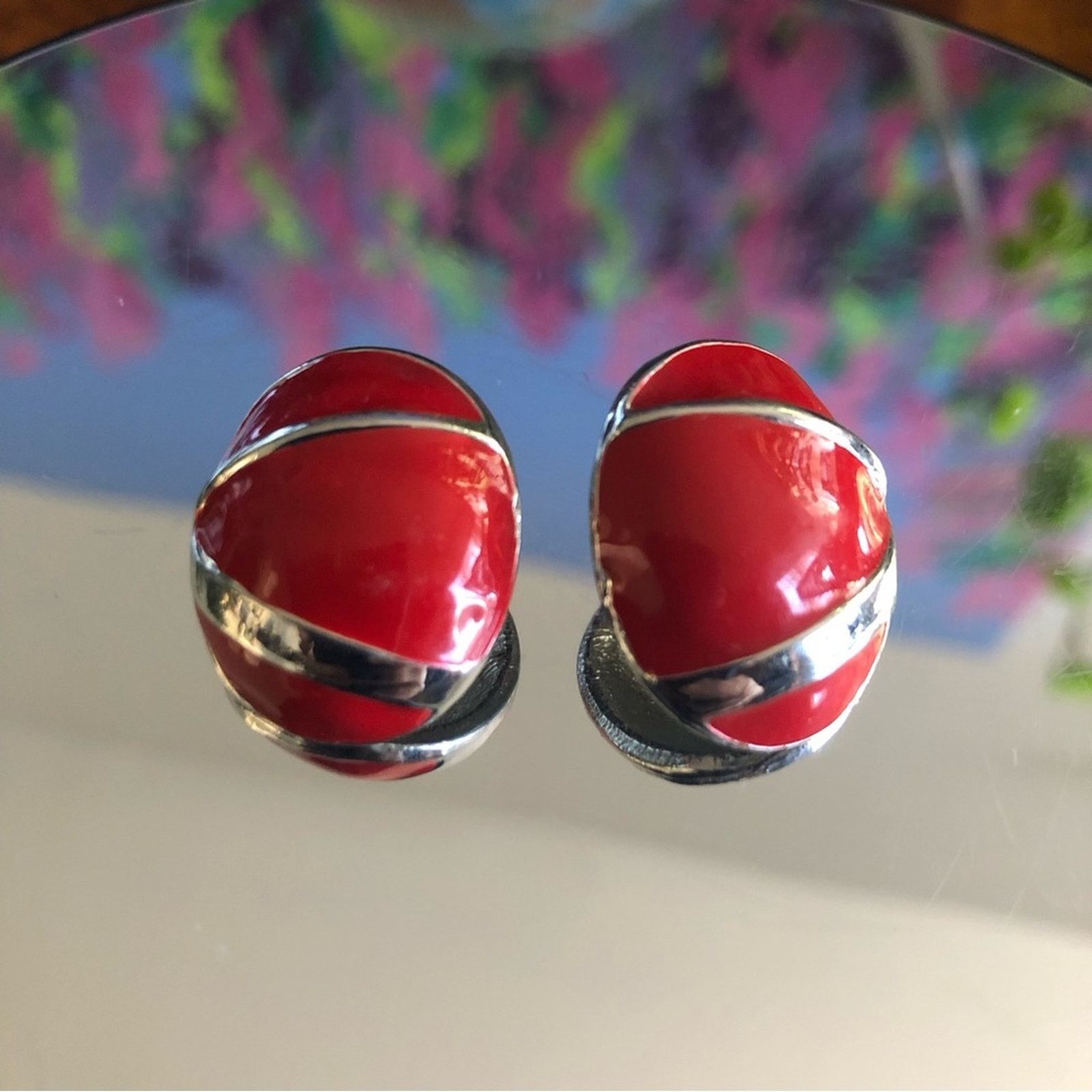 Vintage Vintage oval red enamel silver setting pierced earrings Size ONE SIZE - 6 Thumbnail