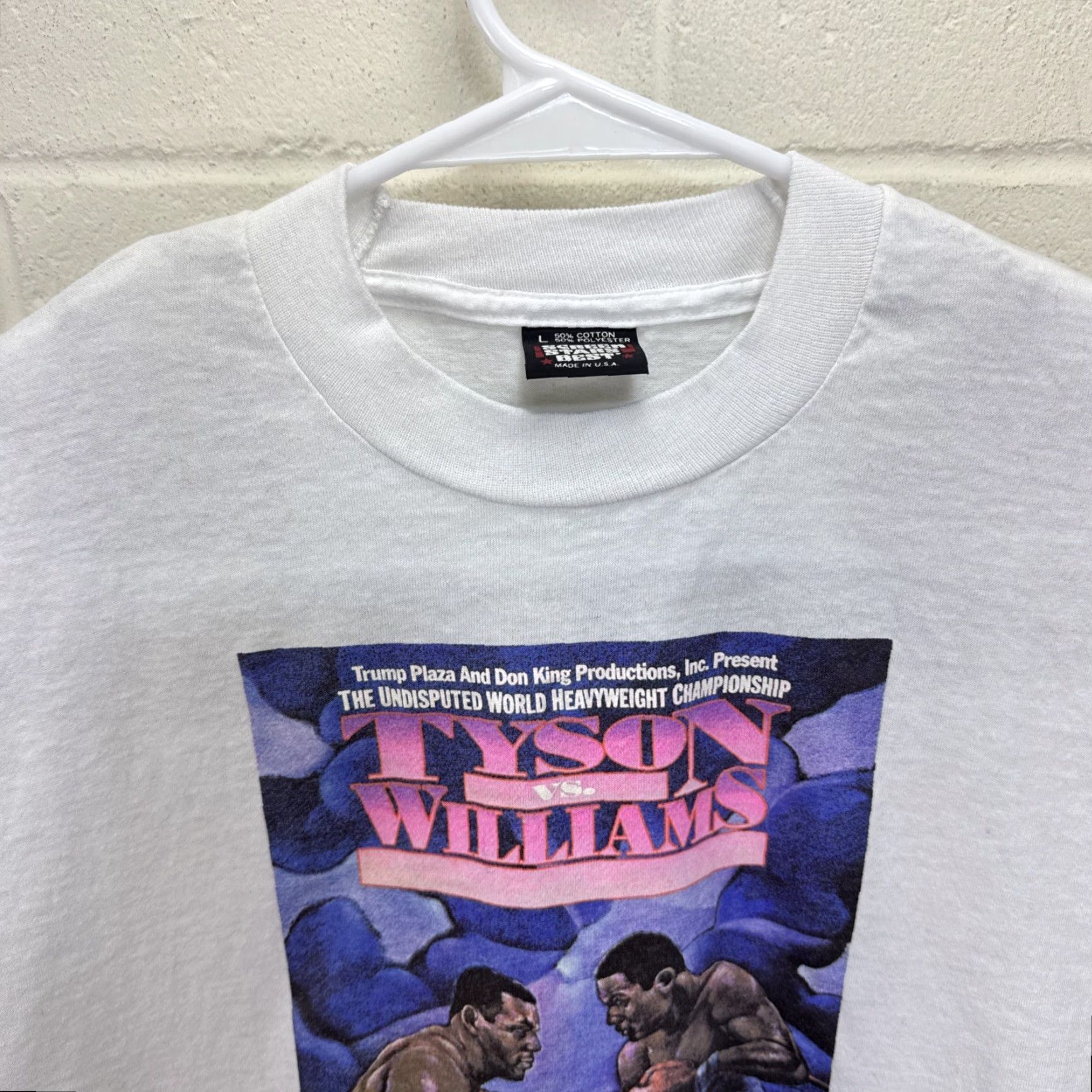 Vintage VINTAGE Mike Tyson vs. Carl Williams 1989 Boxing T-Shirt Large White Cotton Crew Neck Short Sleeve Logo 80s Sports Mens Shirt Size US L / EU 52-54 / 3 - 4 Thumbnail
