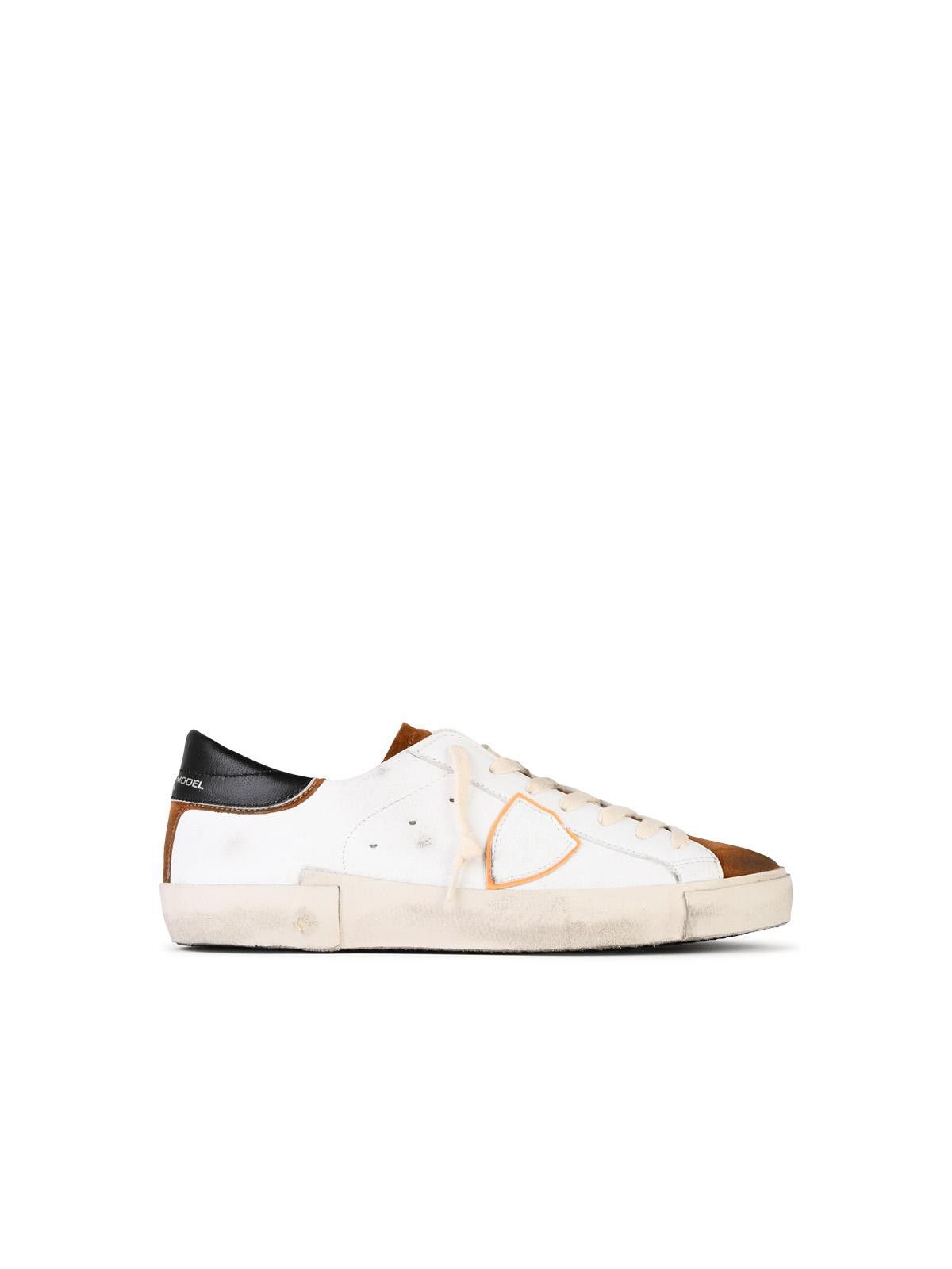 Baskets Philippe Model PRSX - Cuir Blanc Et Bronze - Semelle 2,5 Cm - Style Rétro Et élégant