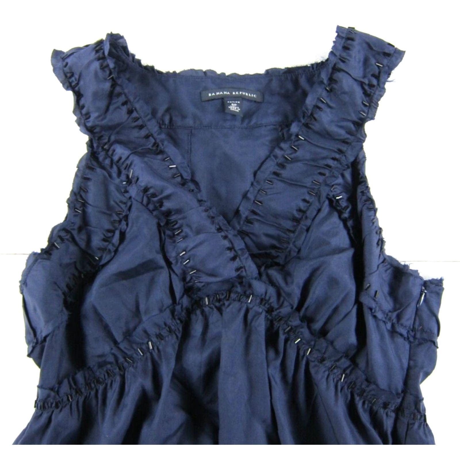 Banana Republic Banana Republic Navy Blue 100% Silk Beaded Sleeveless V-Neck Tunic Tank Blouse 6P Size M / US 6-8 / IT 42-44 - 4 Thumbnail