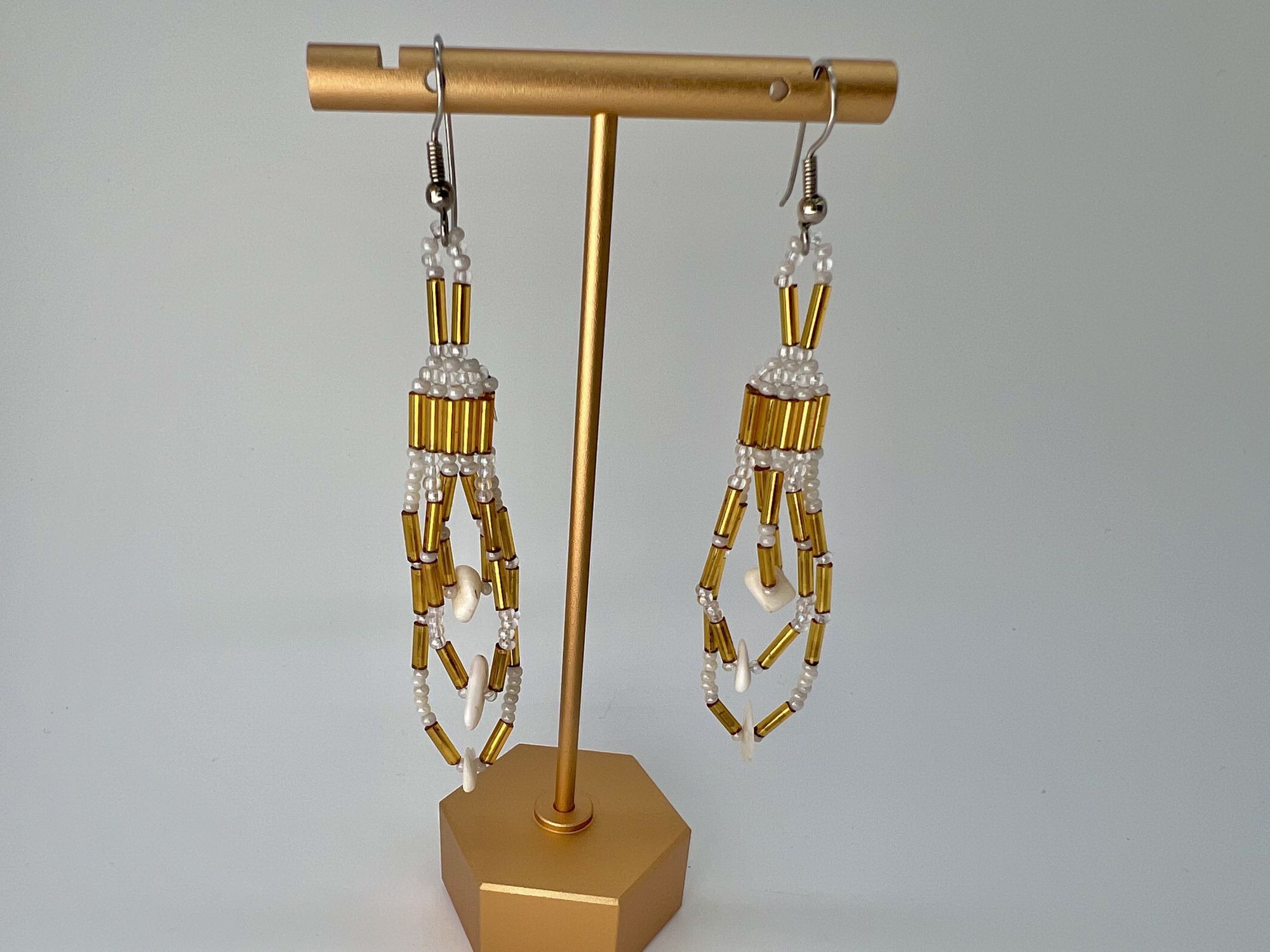 Designer Handmade Gold & White Beaded Dangle Earrings Pierced Ears Size ONE SIZE - 1 Thumbnail