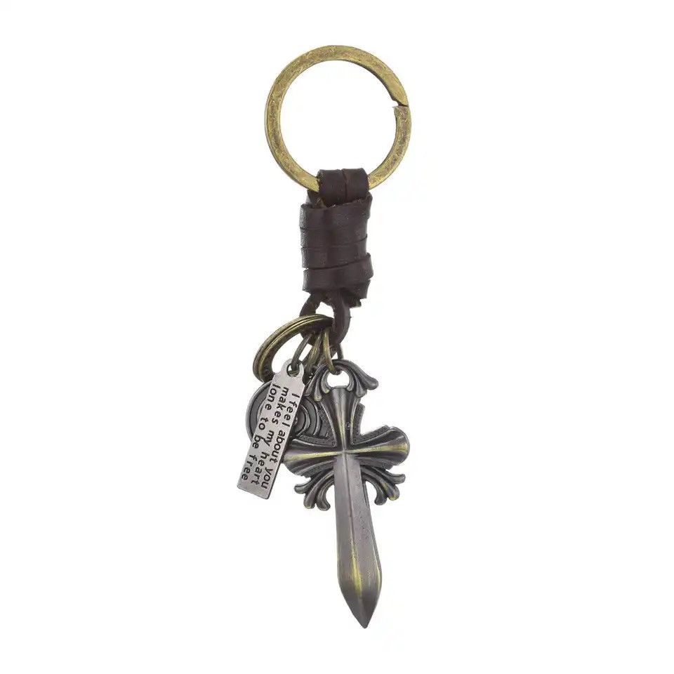 Vintage Vintage Woven Cowhide Keychain Pendant Bronze Cross Pendant Size ONE SIZE - 1 Thumbnail