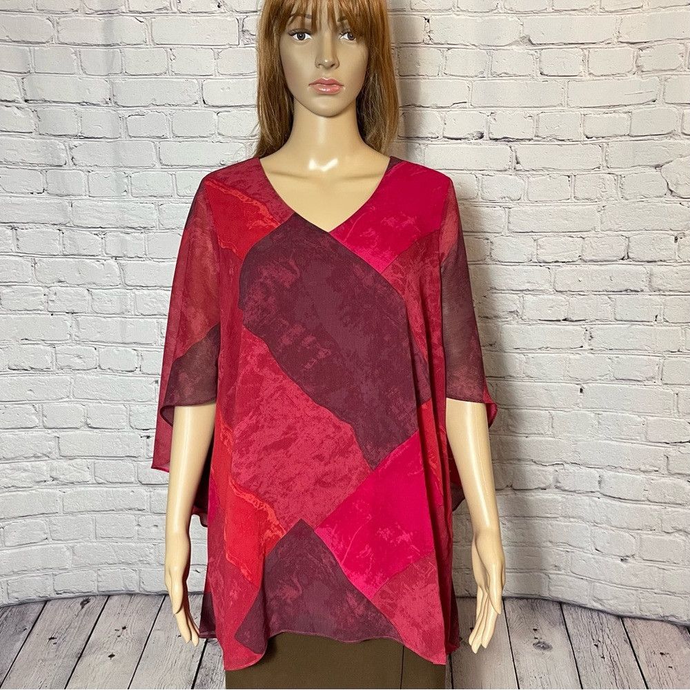 Halston H by Halston Red Sheer Layered V-Neck Tunic Top | Size 1X Size XL / US 12-14 / IT 48-50 - 1 Thumbnail