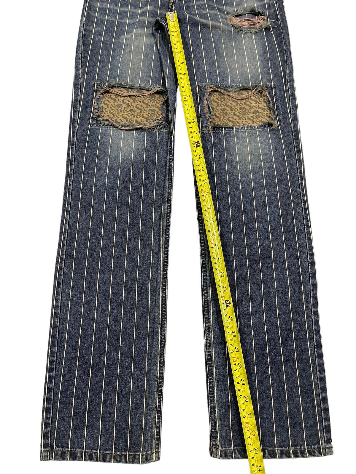 14th Addiction Vintage Japanese Skull Shit Distressed Style Stripe Jeans Size US 29 - 14 Thumbnail