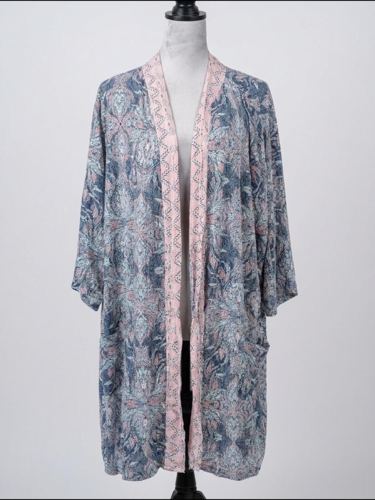 Other Blue and Pink Printed Kimono Robe with Contrast Trim Size ONE SIZE - 1 Thumbnail
