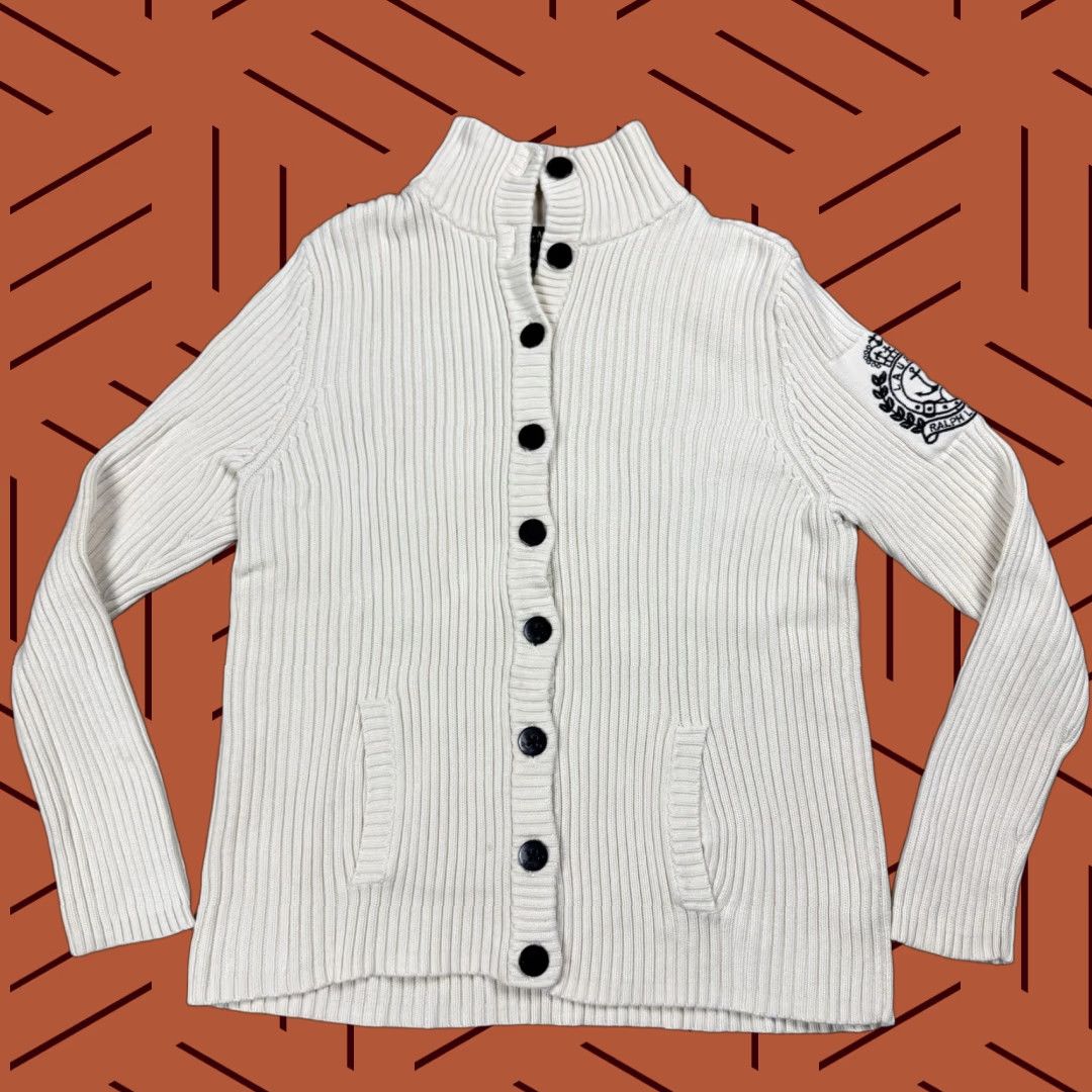 Vintage Lauren Ralph Lauren Women's Nautical Ribbed Button Front High Neck Sweater XL Ivory