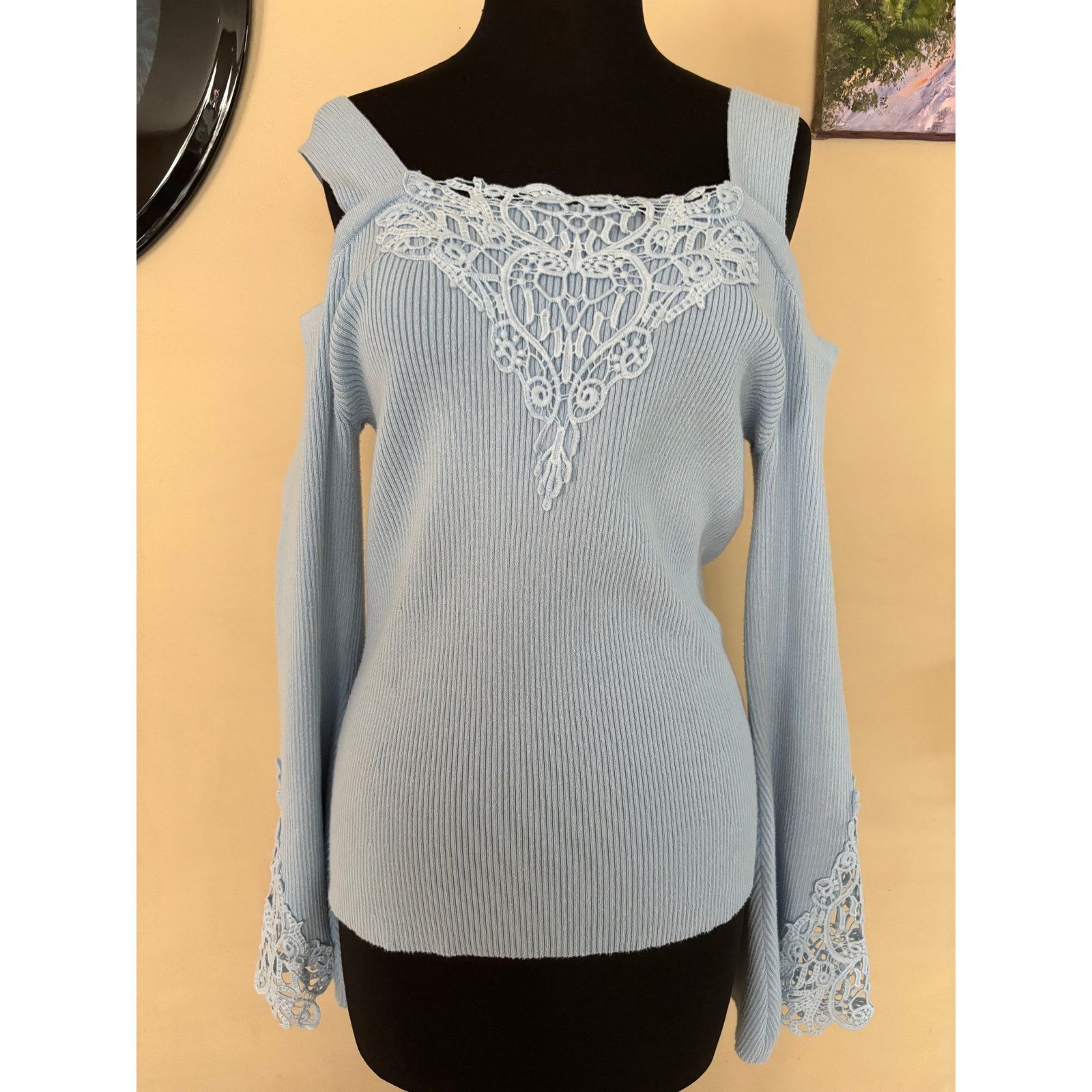 Boston Proper Boston Proper Blue Cotton Blend Stretch Cold Shoulder Top Size M / US 6-8 / IT 42-44 - 5 Thumbnail
