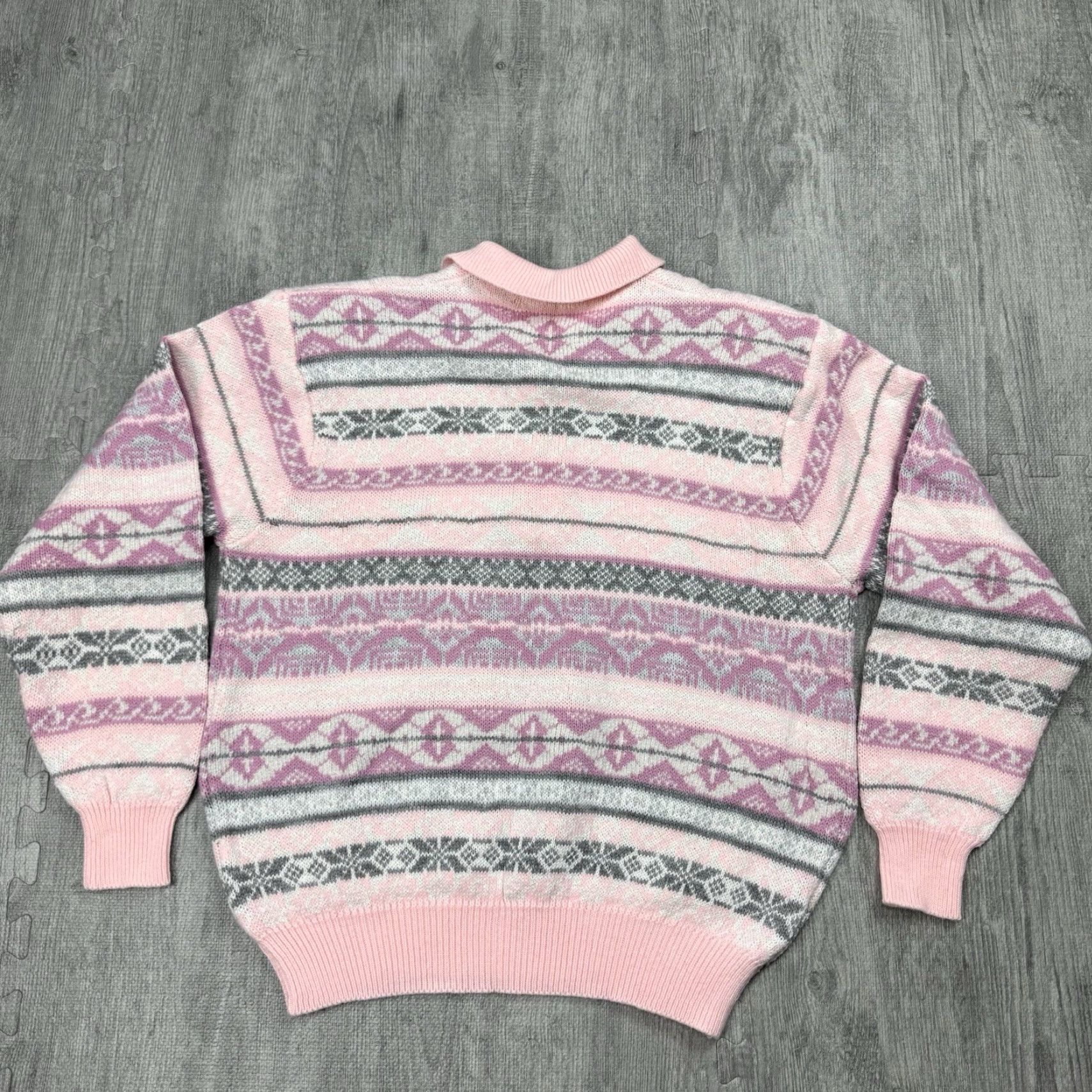 Pinko VINTAGE Townhouse 80s Women's Collared Preppy Fair Isle Pink Knit Sweater L Acrylic Size L / US 10 / IT 46 - 6 Thumbnail