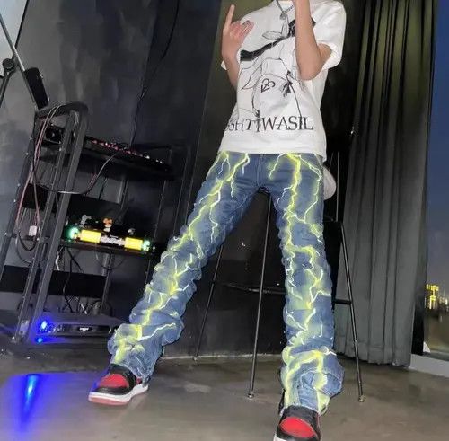 VIBE Retro thunder 3D rendering pleated hip hop patchwork jeans Size US 32 / EU 48 - 4 Thumbnail