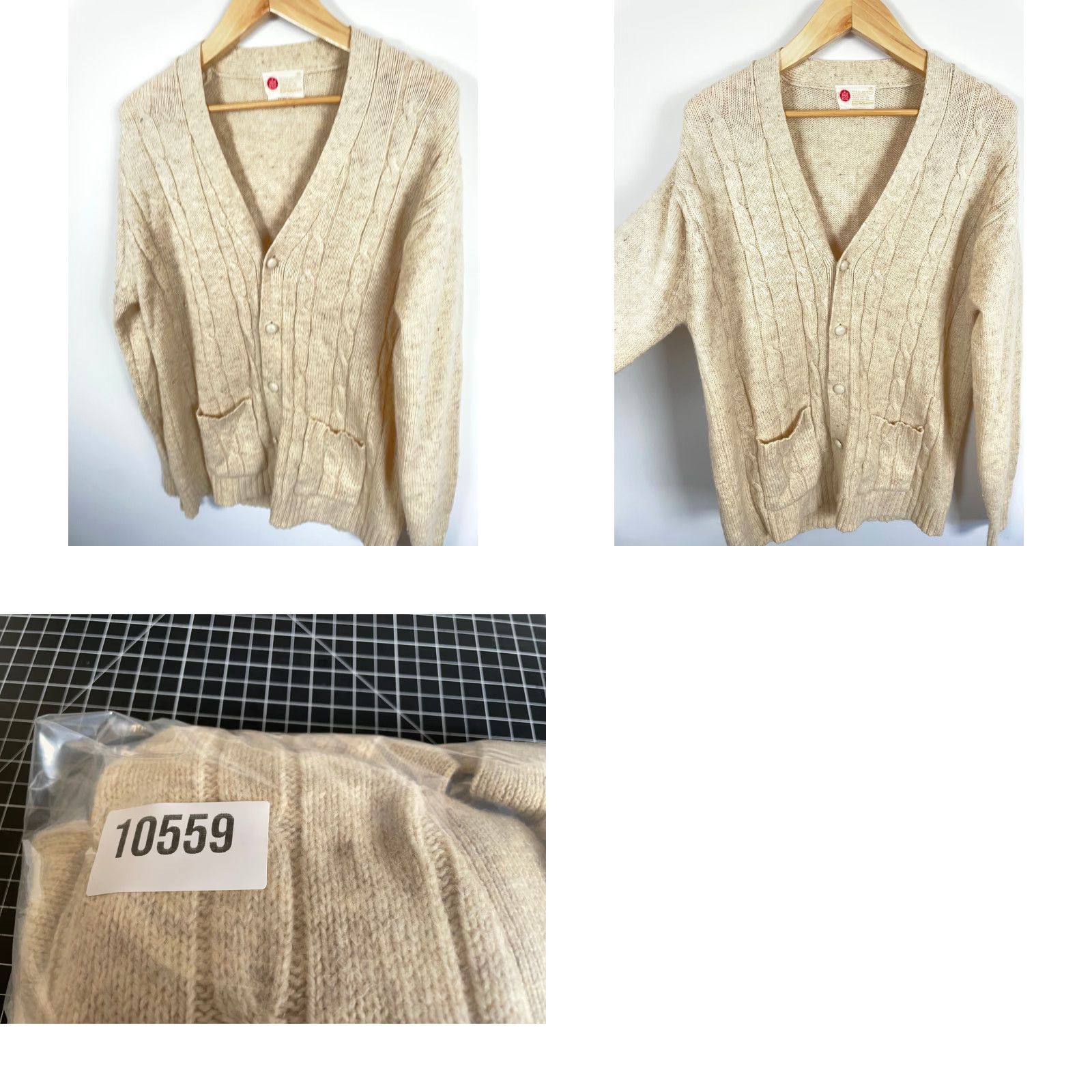 VINTAGE Sears Kings Road Cardigan Men's XLT Beige Knit Wool Blend Heavyweight Cable-Knit Sweater