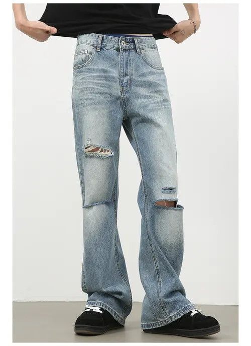 Hypebeast × Japanese Brand × Jean Ripped washed high street men's loose straight bootcut jeans Size US 32 / EU 48 - 2 Thumbnail
