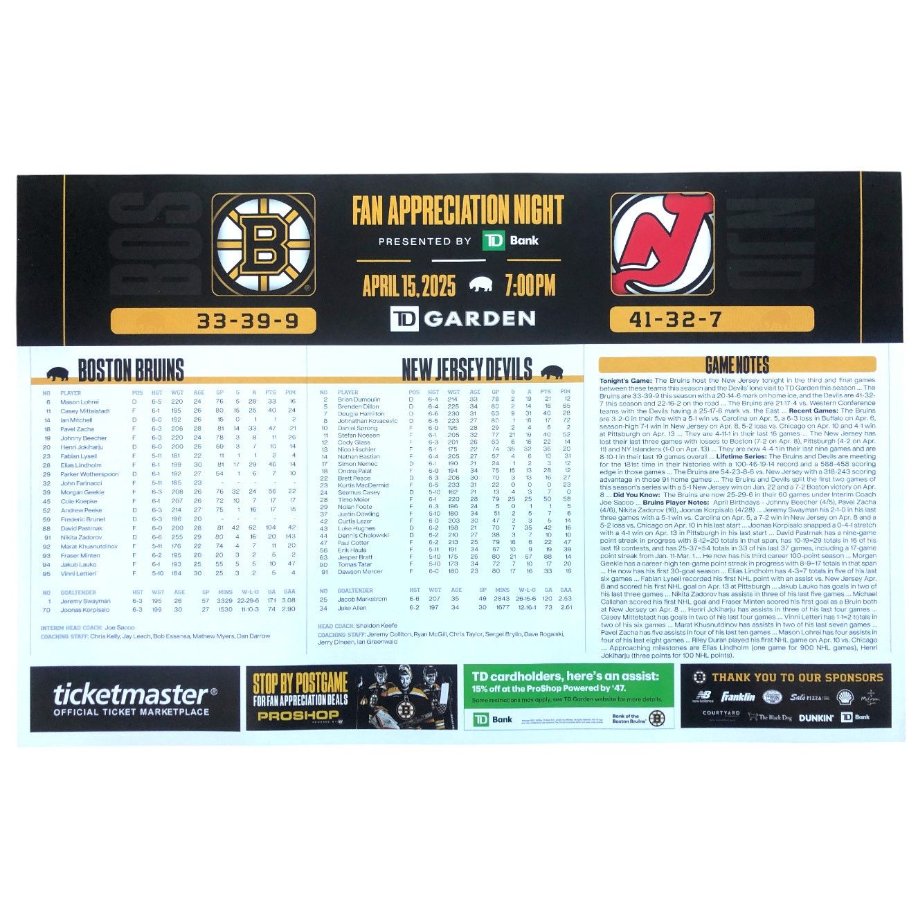 NHL Boston Bruins v New Jersey Devils 4/15/25 Gameday Roster Size ONE SIZE - 2 Thumbnail
