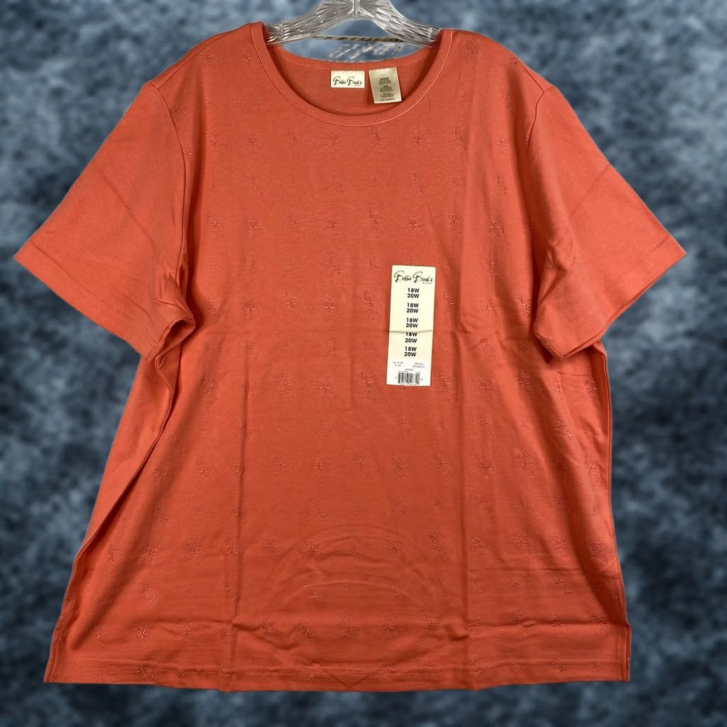 Vintage Bobbie Brooks Top Womens 18W 20W Coral Embroidered Tee Shirt Stretch NWT Modern Geometric Short Sleeve Adult Womens Size XXL / US 16-18 / IT 52-54 - 1 Thumbnail