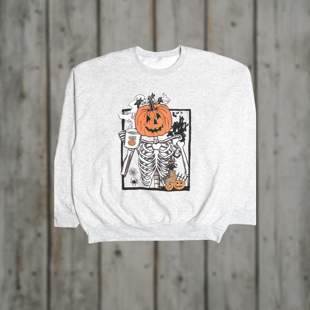 Vintage VINTAGE Coffee Drinking Skeleton Halloween Sweatshirt Grey 2X-Large Size US XXL / EU 58 / 5 - 1 Thumbnail