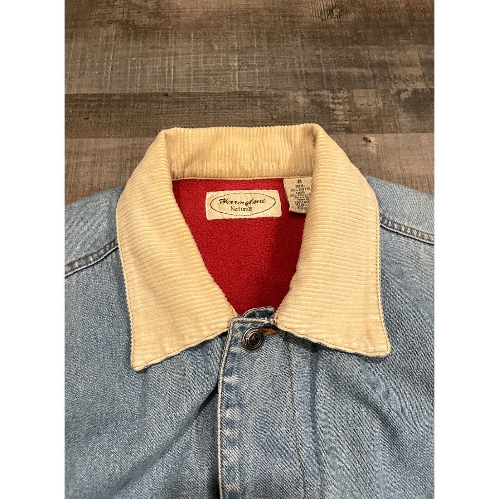 Denime VINTAGE Herringbone Natural Fleece Lined Denim Jean Jacket Men’s Size M Blue Bomber Jacket Casual Short Cotton Lined Polyester Regular Button Men Size US 31 - 4 Thumbnail