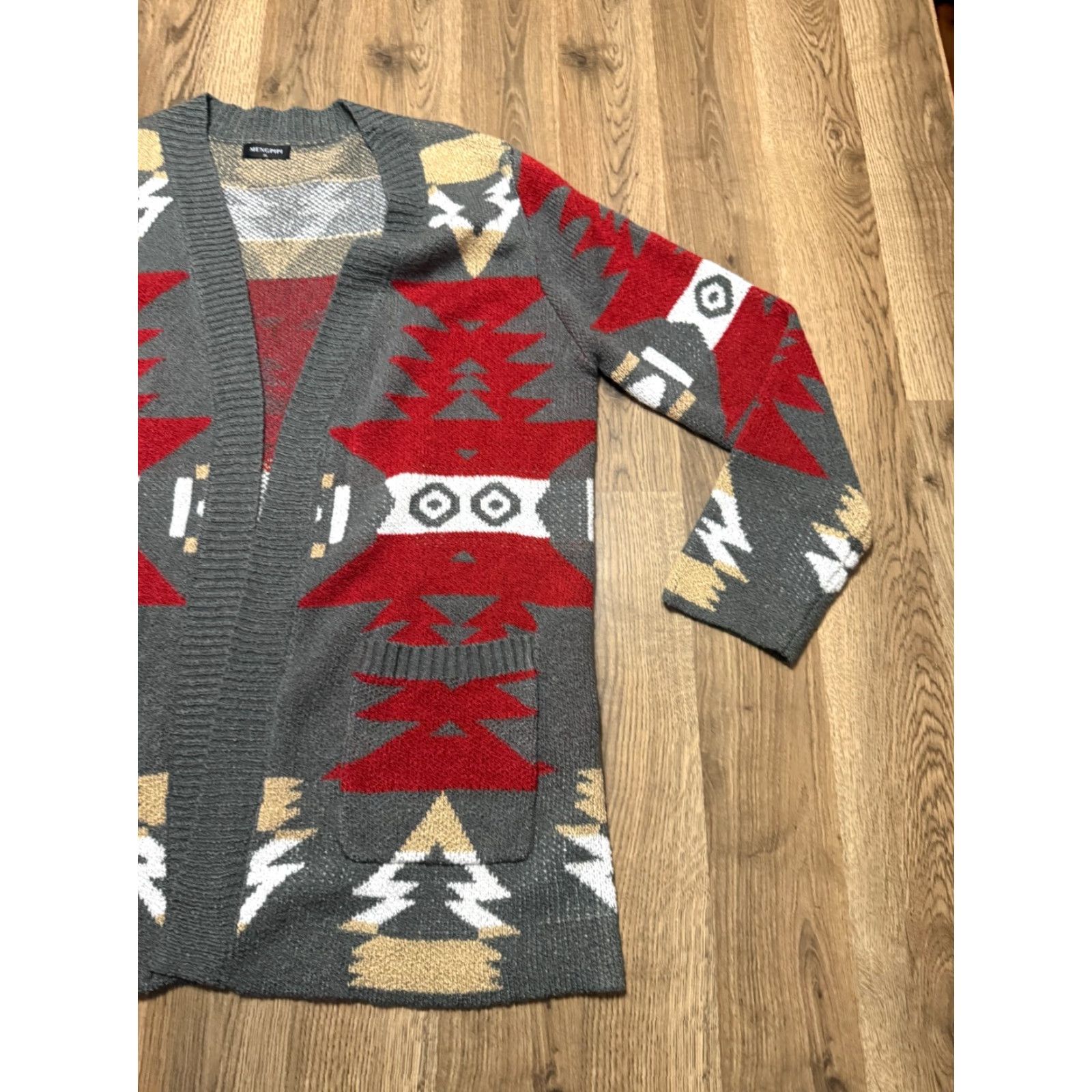 Vintage Mengpipi Sweater Women's XL Cardigan Open Long Sleeve Gray Red Brown Knit Size XL / US 12-14 / IT 48-50 - 4 Thumbnail