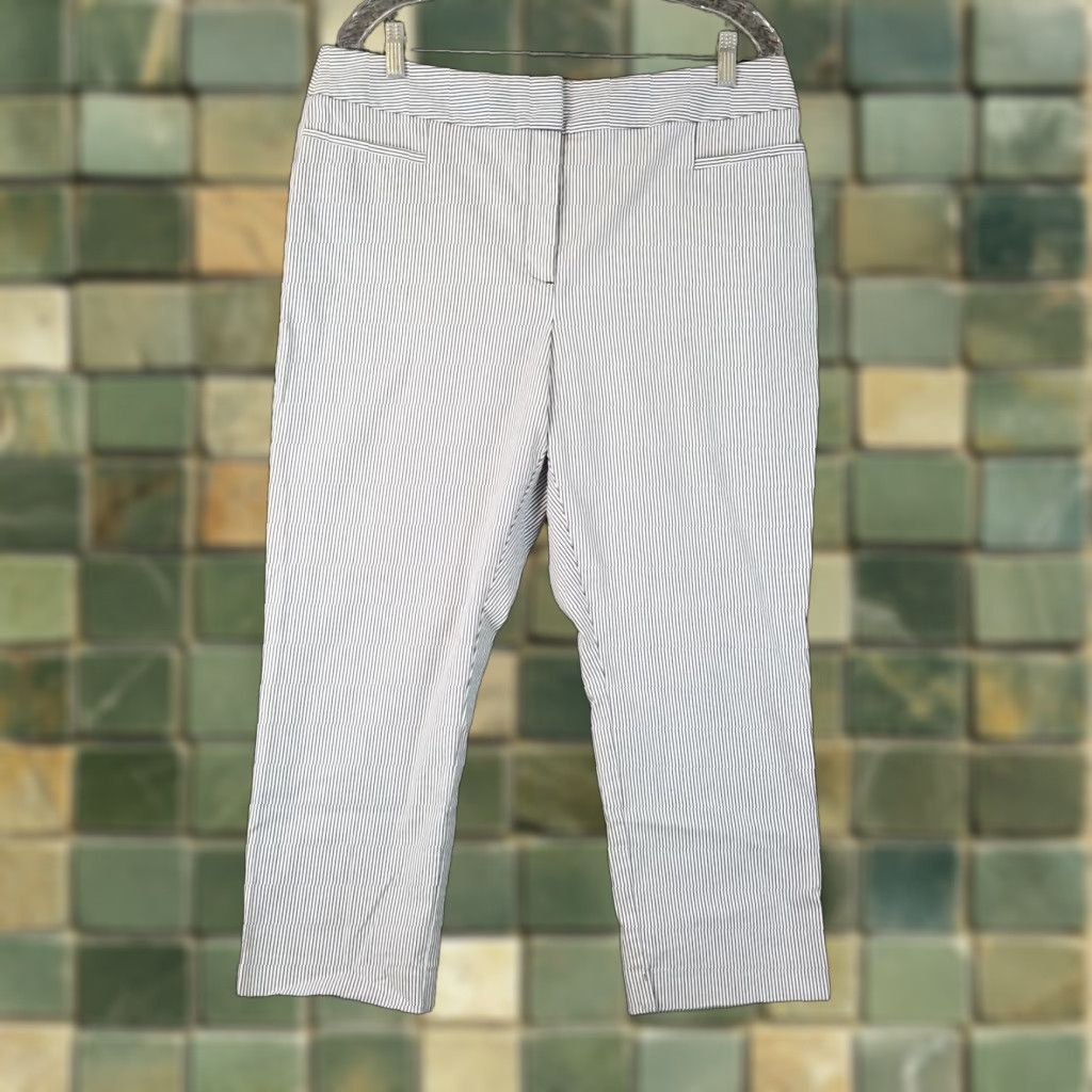 Ann Taylor Ann Taylor Pants Women Capri Straight Pockets Cotton Blend White Blue Striped 12 Regular Inseam 24" Size 34" / US 12 / IT 48 - 1 Thumbnail