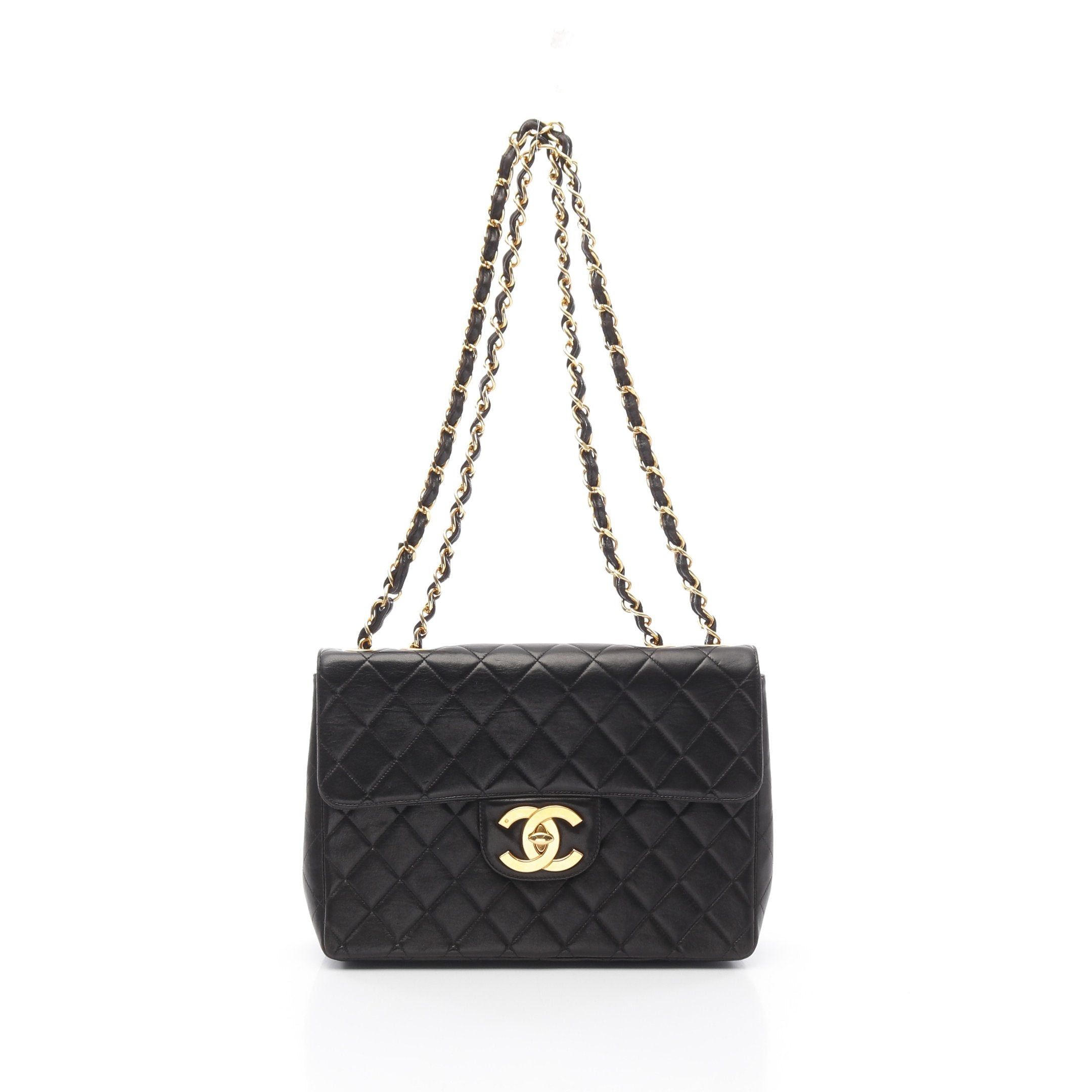 Chanel Decamatlassé 30 Single Flap Double Chain Shoulder Bag Lambskin Black Gold Hardware
