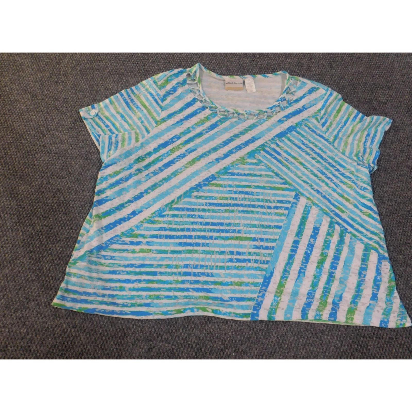 Vintage Alfred Dunner Blouse Shirt 3X Women Blue Geometric Short Sleeve Pullover Stretch Casual Lace Geometric Pattern Basic Classic Vintage: No Size XXL / US 16-18 / IT 52-54 - 2 Thumbnail