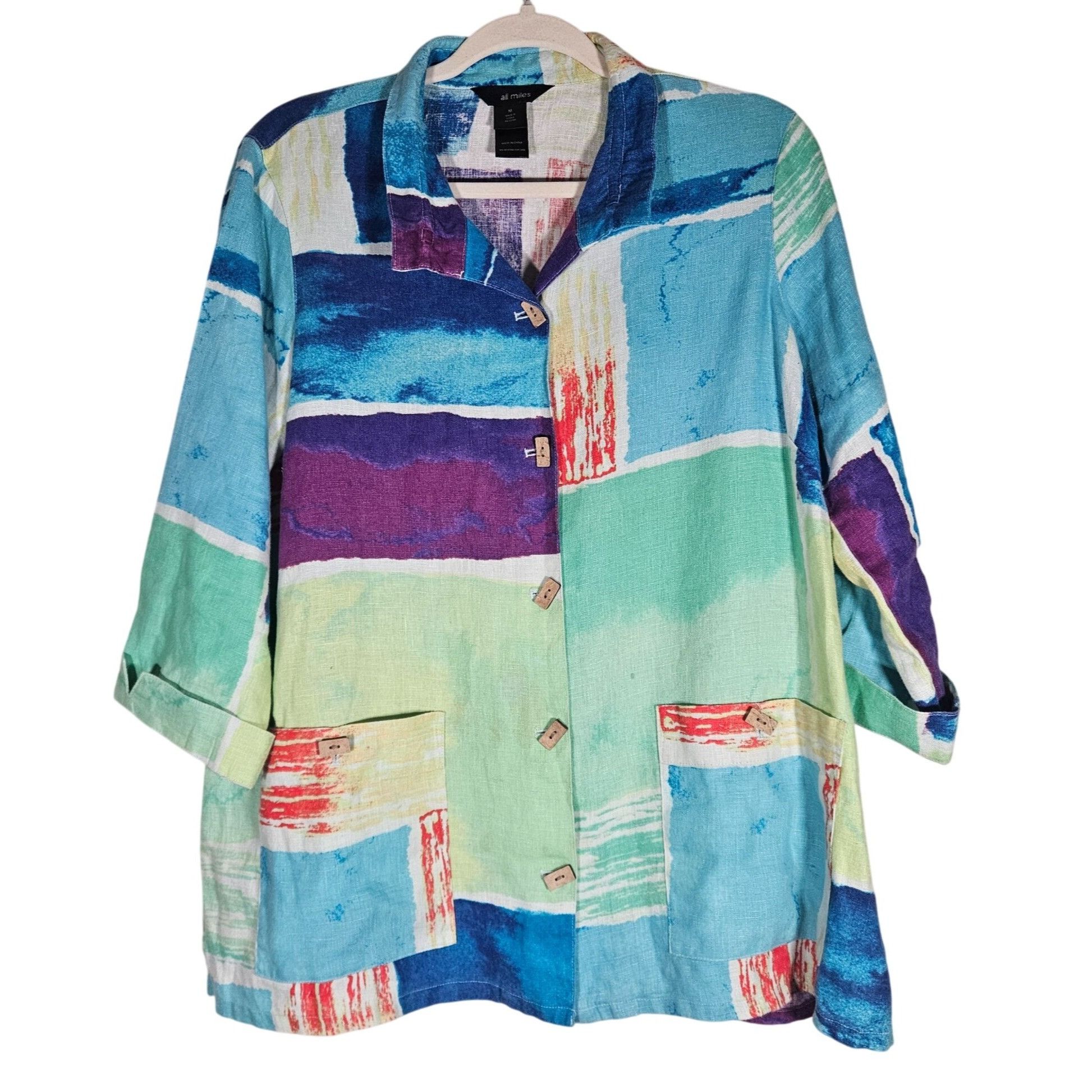 Other Ali Miles Linen Blend Abstract Colorblock Jacket Top Womens Size M / US 6-8 / IT 42-44 - 2 Thumbnail