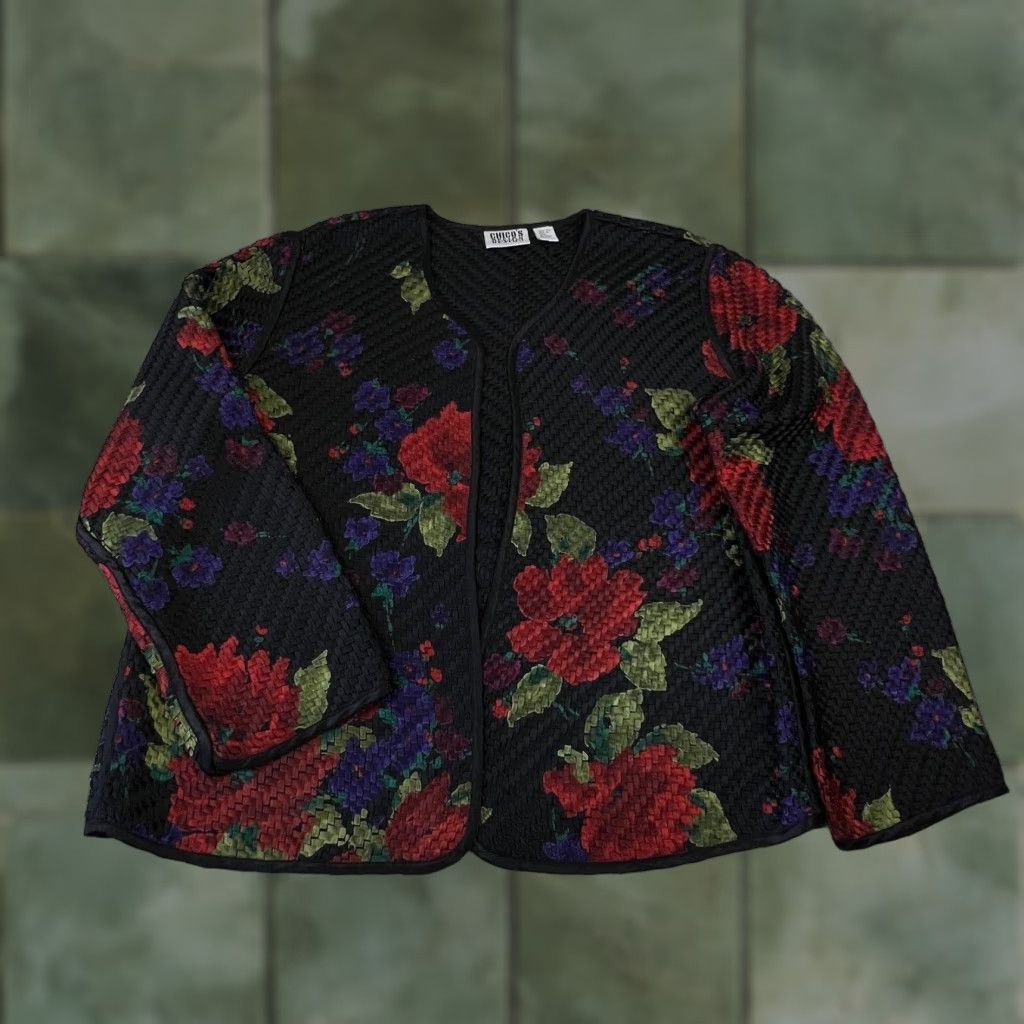 Vintage Chico's Women's Medium Black Silk Floral Open Front Cardigan Sweater Size M / US 6-8 / IT 42-44 - 1 Thumbnail