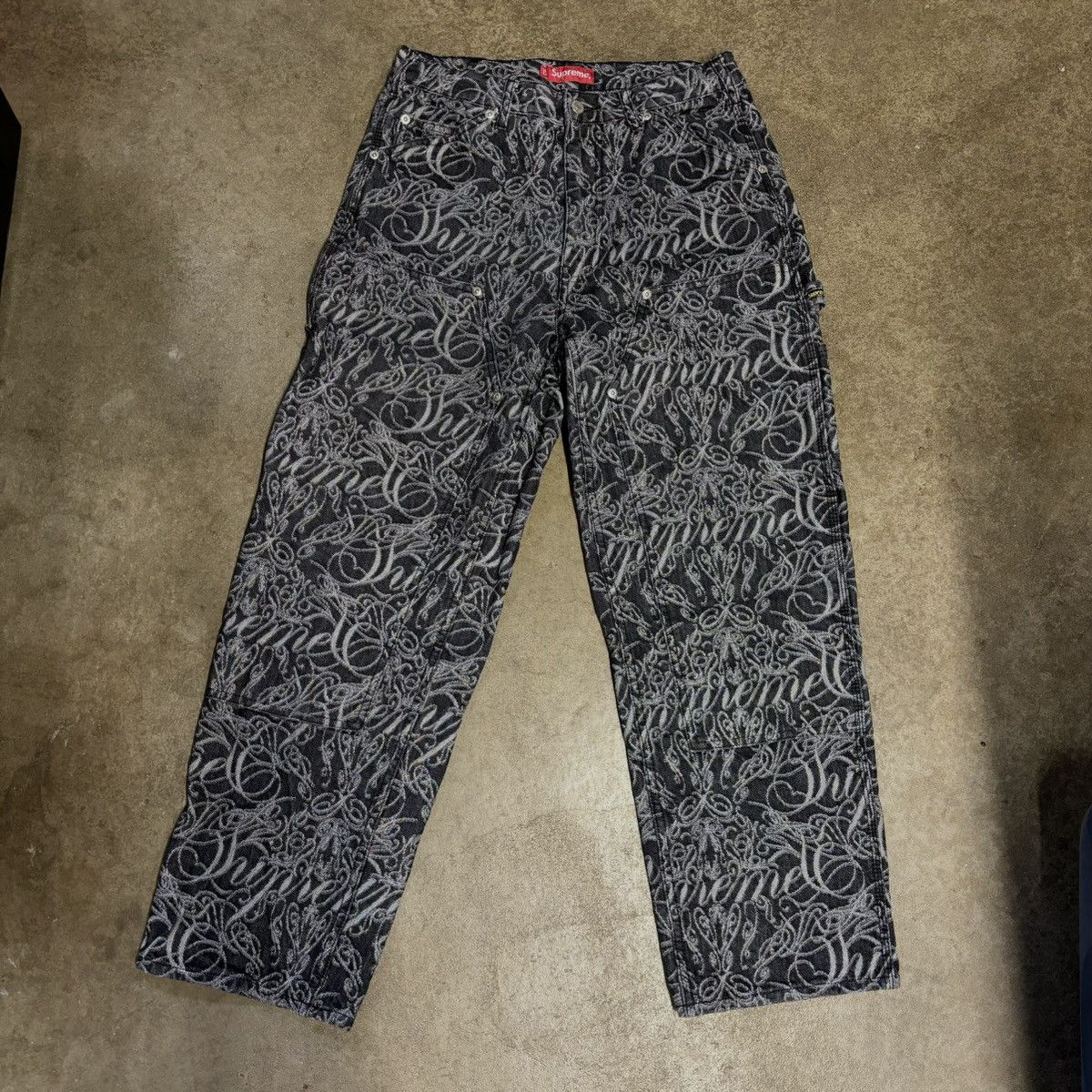 Image of Supreme Jacquard Script Double Knee in Black, Men's (Size 30)