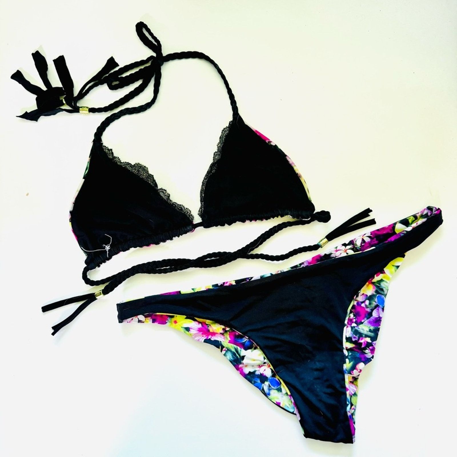 Anthropologie BEACH BUNNY Black Pink Floral Print Reversible Strap Bikini Size ONE SIZE - 4 Thumbnail