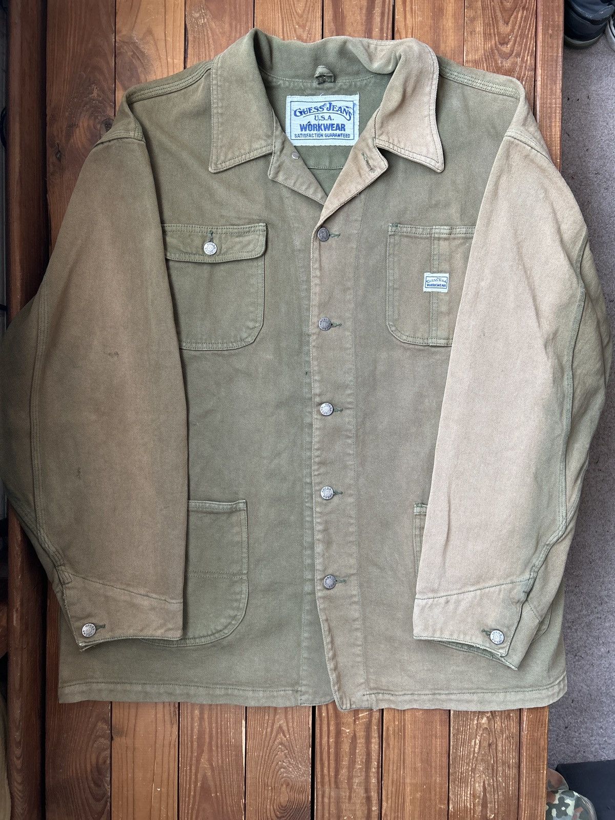 Guess × Vintage Vintage 80s Guess Workwear Faded Green Denim Chore Jacket Size US XXL / EU 58 / 5 - 1 Thumbnail