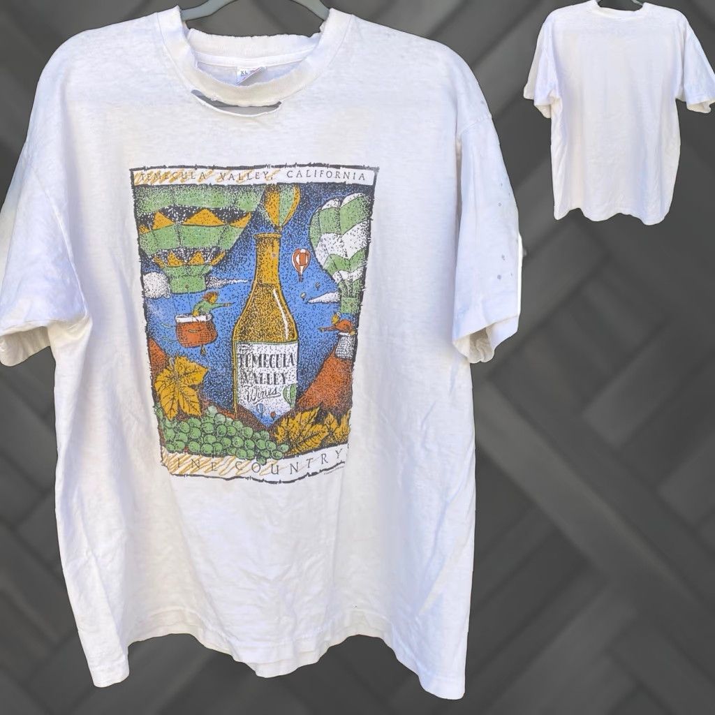 Fruit Of The Loom VINTAGE Fruit of the Loom T-Shirt White XL Temecula Valley California Wine Country Graphic Print Thrashed Holes Short Sleeve Mens Vintage Size US XL / EU 56 / 4 - 1 Thumbnail
