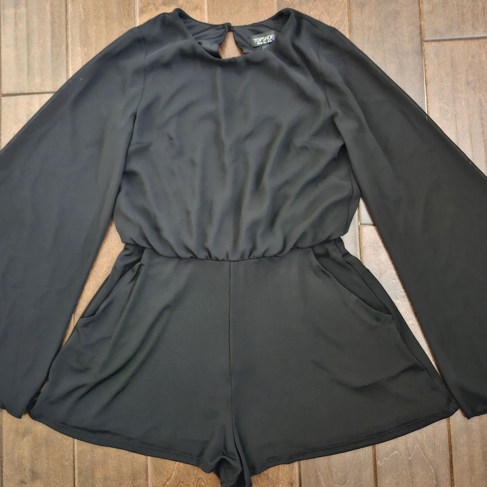 Topshop Topshop Romper Shirt Bell Sleeve Black 6 Womens Regular One-Piece Dressy Romper Size 28" / US 6 / IT 42 - 3 Thumbnail