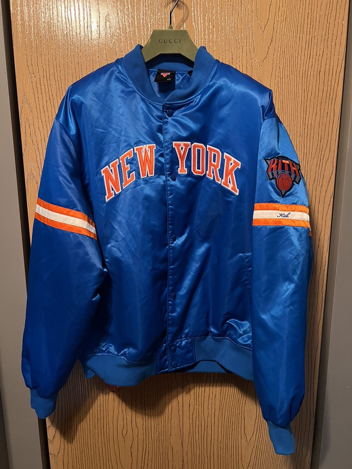 image of Kith New York Knicks Satin Royal Blue Bomber Jacket Size Xxl, Men's