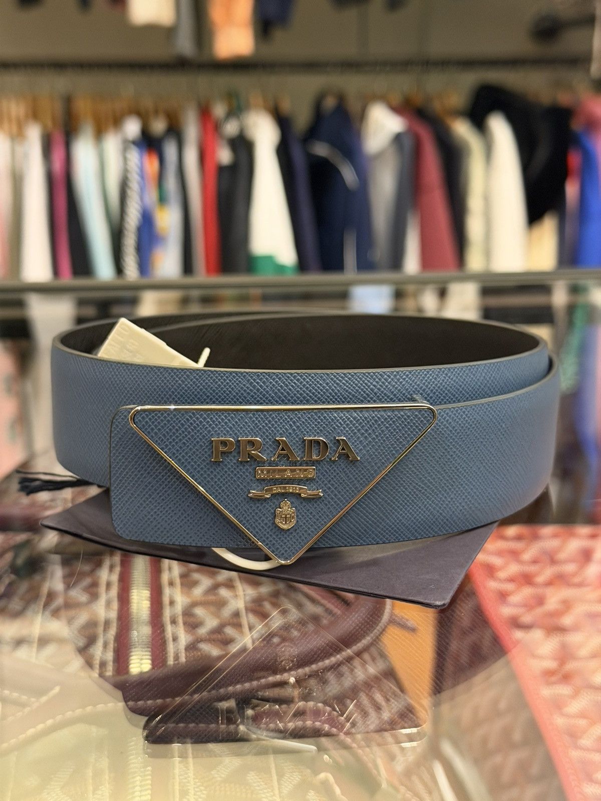 Prada Prada Saffiano Leather Reversible Belt - Blue Size ONE SIZE - 1 Thumbnail