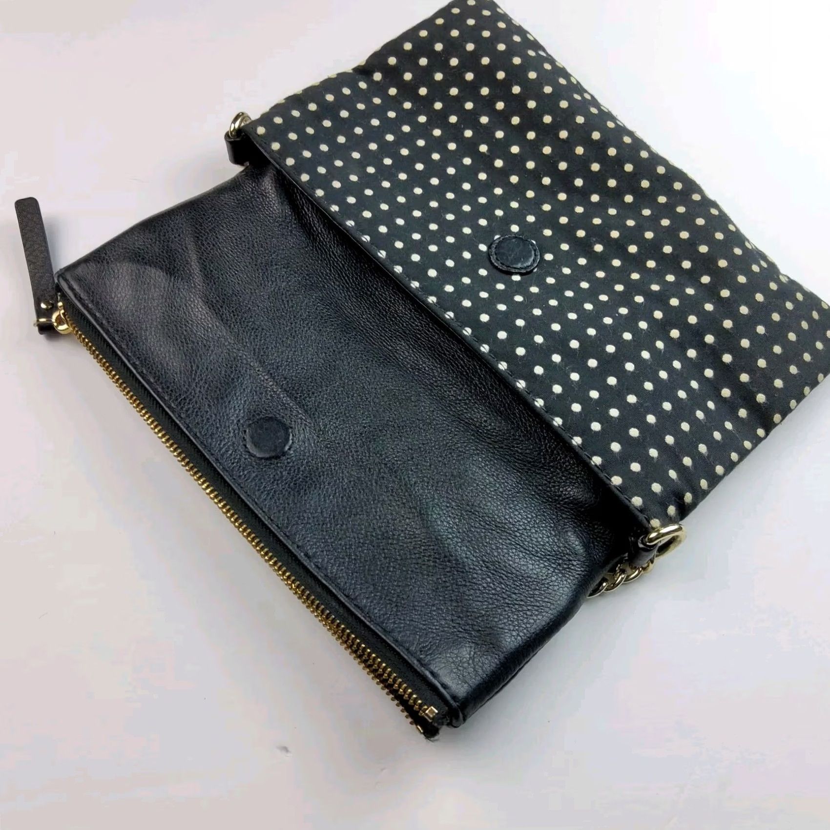 Vintage Kate Spade NY Foldover Polka Dot Chain Strap Shoulder Handbag Purse Black Leather Fabric Women Shoulder Bag Size ONE SIZE - 8 Thumbnail
