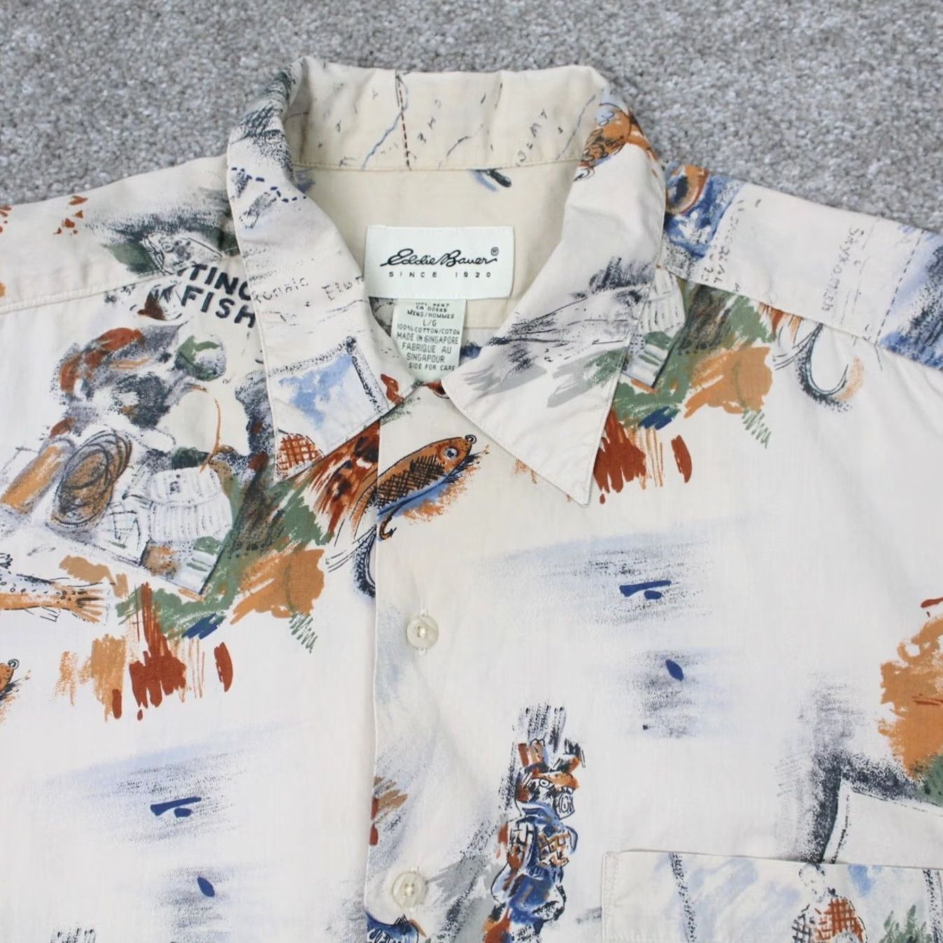 Eddie Bauer Eddie Bauer Shirt Mens Large Tan Hunting Fishing Graphic Print 100% Cotton S/S Button Up Size US L / EU 52-54 / 3 - 5 Thumbnail