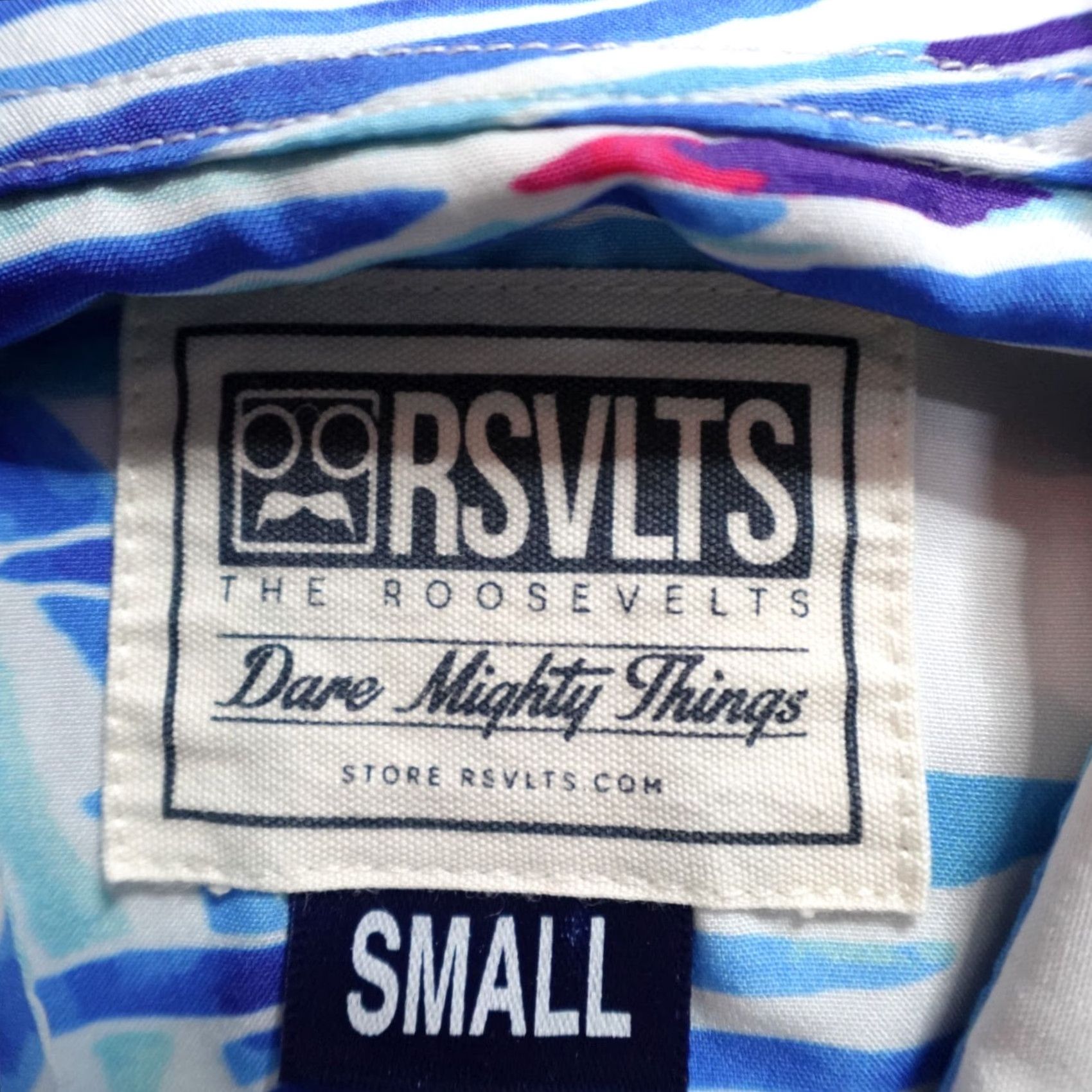 Vintage RSVLTS Shirt Small Blue Short Sleeve Dare Mighty Things Men S Short Sleeve Button-Up Blue Graphic Print 90s/Event/Theme? Size US S / EU 44-46 / 1 - 3 Thumbnail