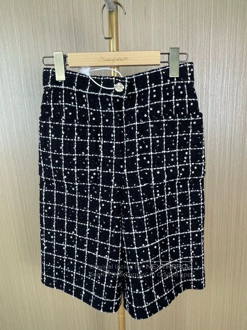 Chanel Sequin Tweed Black and White Check Shorts.
