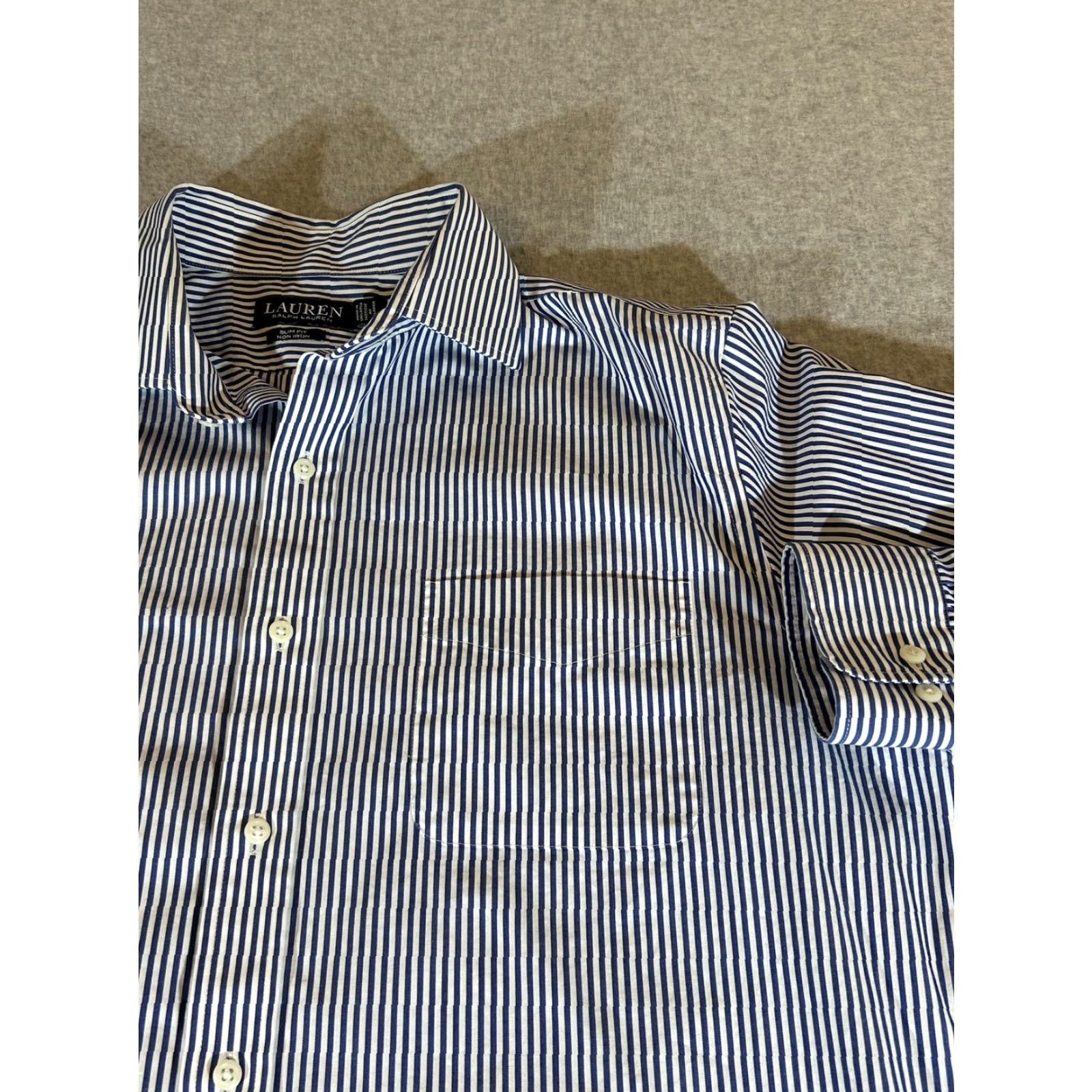 Ralph Lauren Lauren Ralph Lauren Dress Shirt Mens XL Blue Stripe Slim Office Business Non-Iron 100% Cotton 17 Neck 34/35 Sleeve Long Sleeve Size 46R - 2 Thumbnail