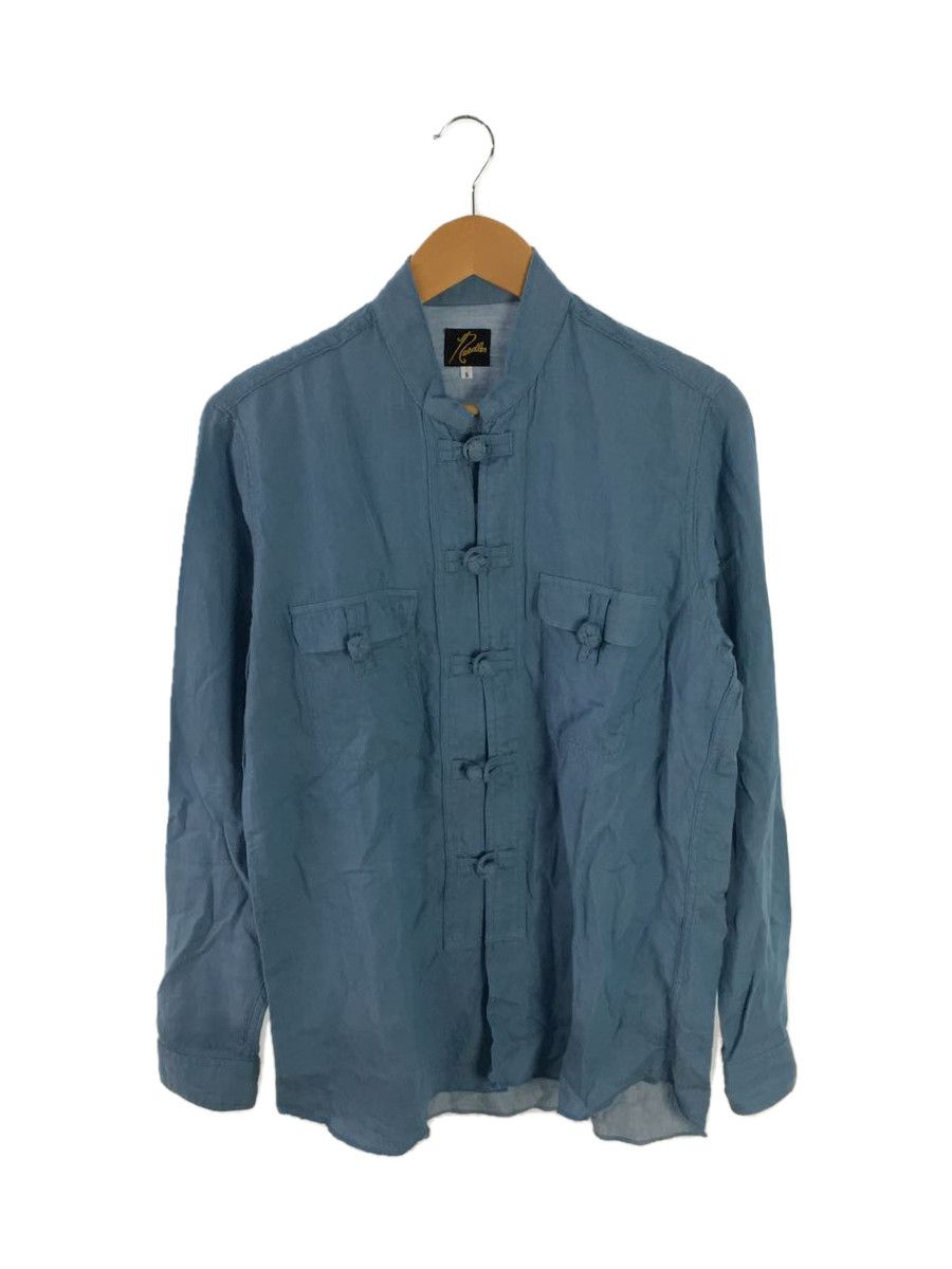 Long Sleeve China shirt cotton plain flap pocket Indigo