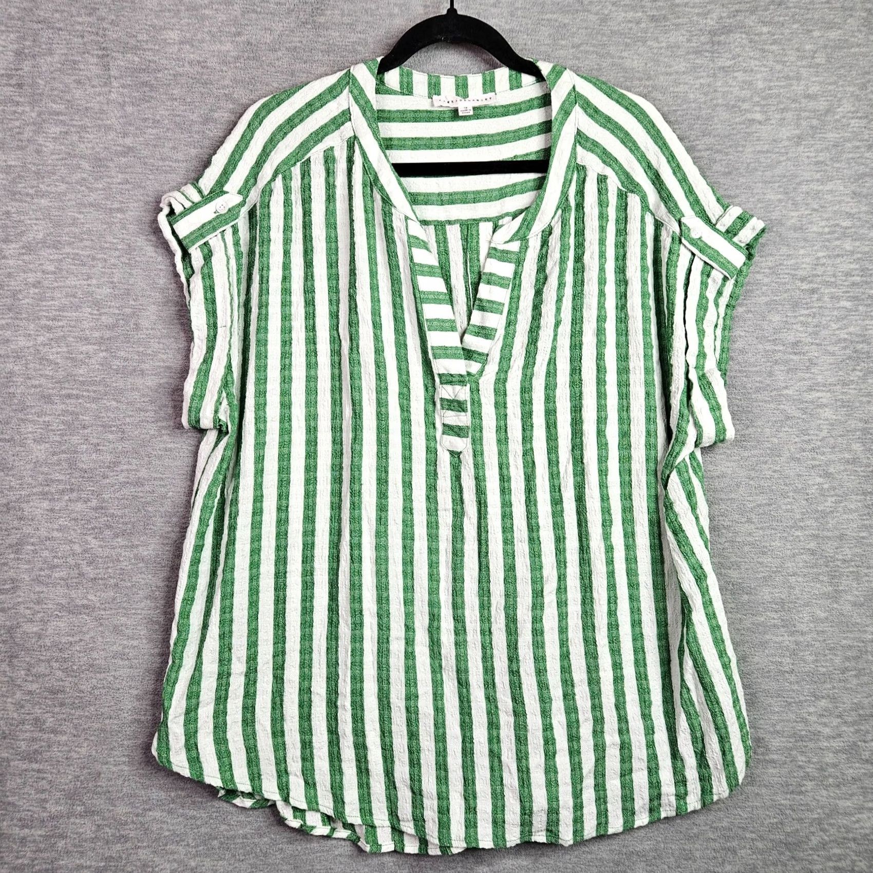 Vintage Jane + Delancey Blouse Shirt Women L Green White Striped Button Back Short Sleeve Casual Top Size L / US 10 / IT 46 - 2 Thumbnail