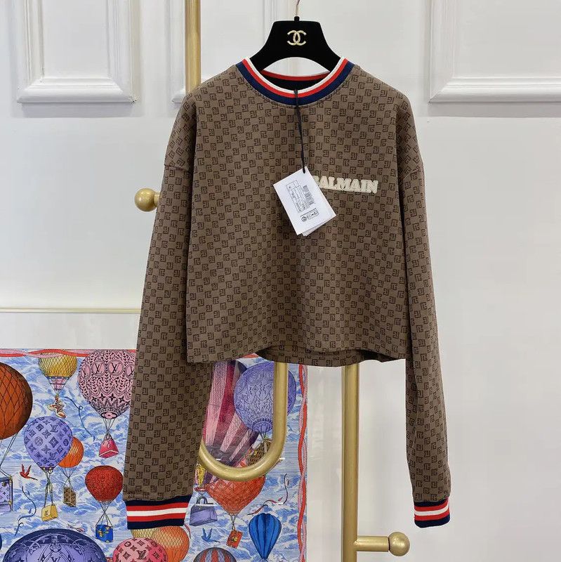Balmain Brown Cotton Long Sleeve Cropped Sweatshirt 0089