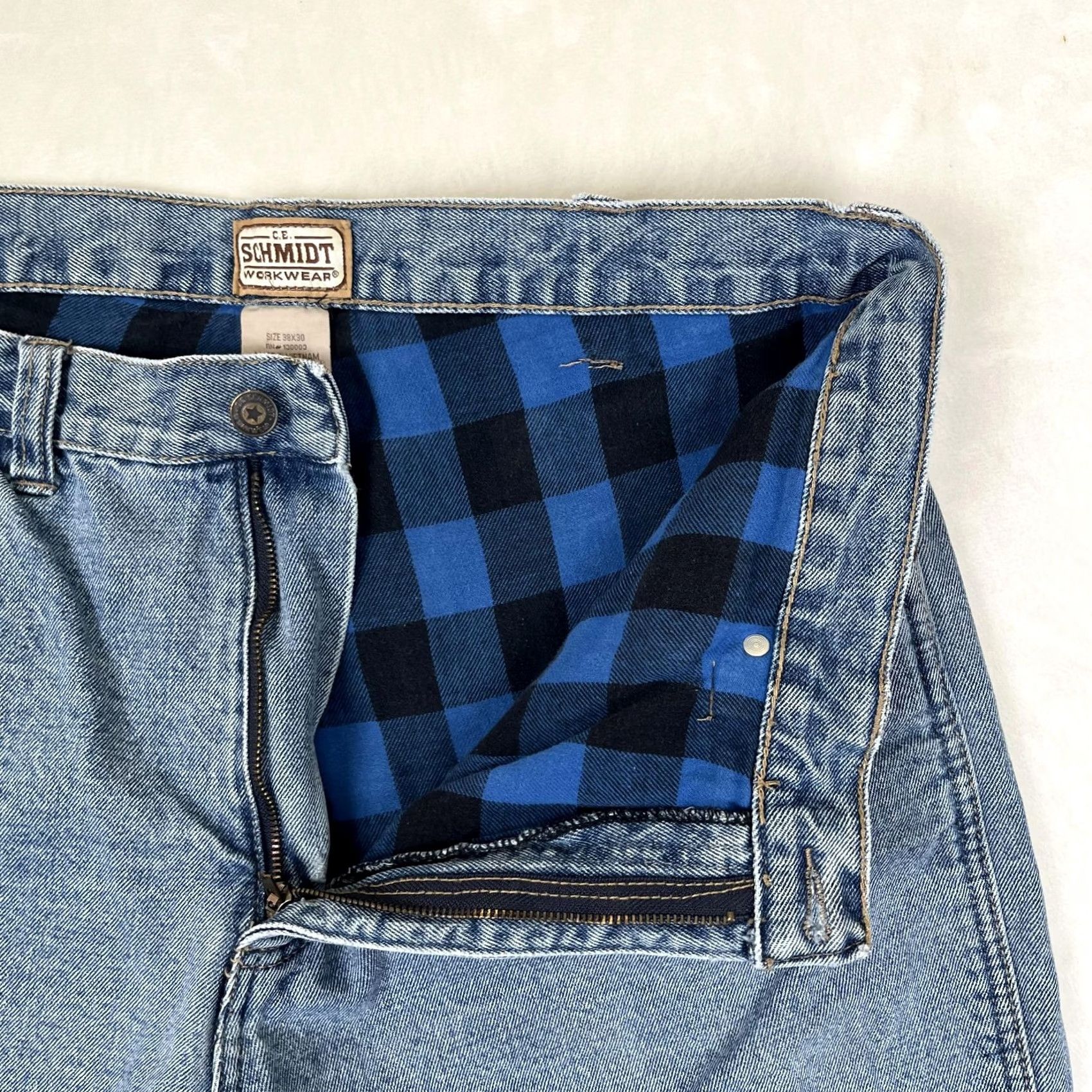 Denime C.E. Schmidt Jeans Mens 38x30 Blue Relaxed Straight Flannel Lined Work Denim Jeans Size US 38 / EU 54 - 3 Thumbnail