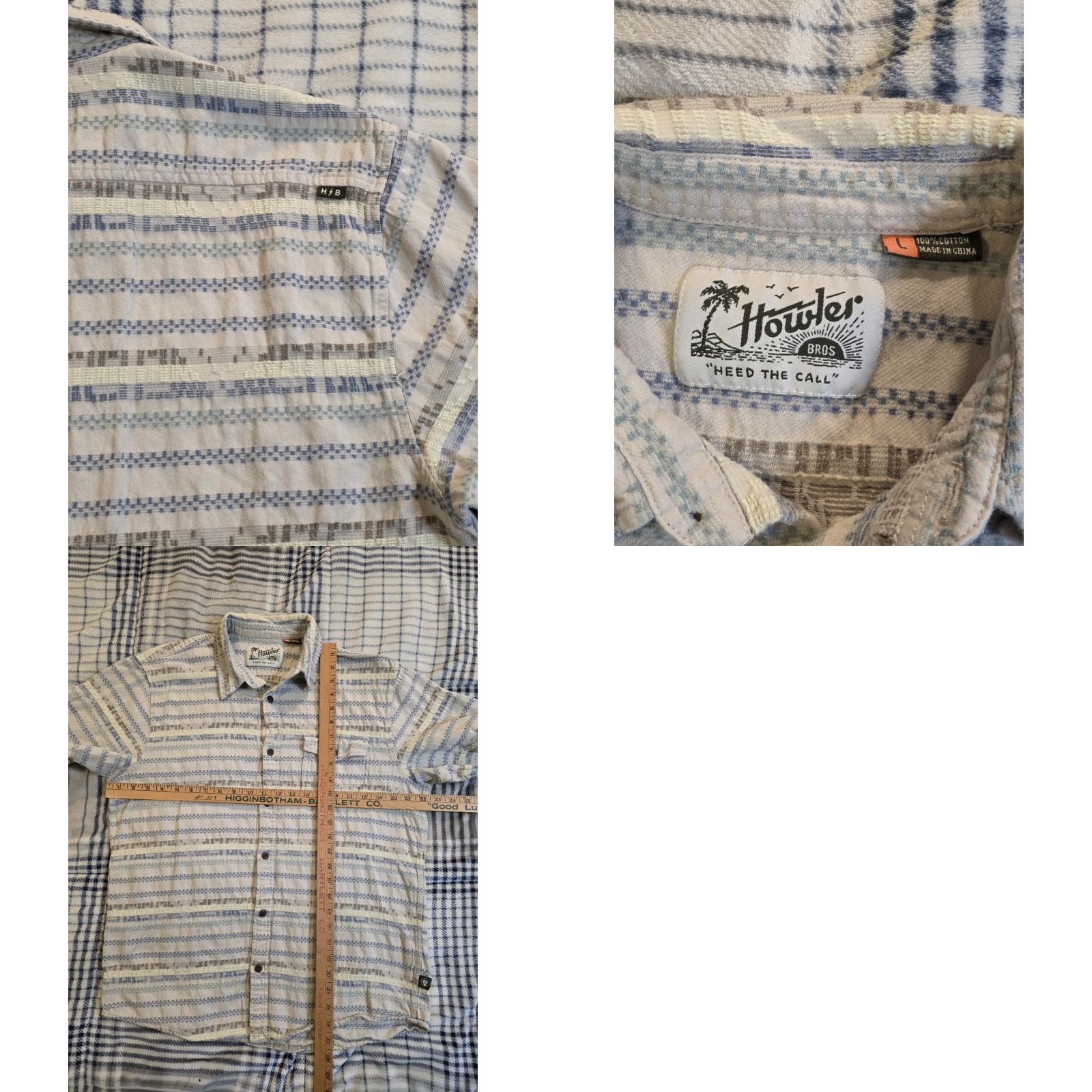 Howler Brothers Howler Brothers Shirt Mens Large Beige Cotton Mescal Jacquard Oyster Short Sleeve Button-Up Striped Collared Western Outdoor All Seasons Size US L / EU 52-54 / 3 - 8 Thumbnail