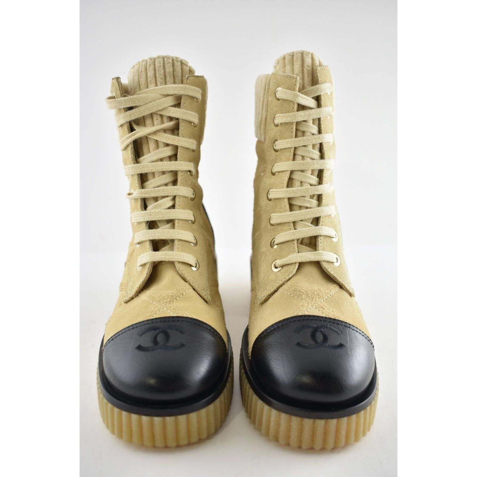 Chanel Chanel 20B Beige Black Quilted CC Platform Combat Lace Up Size US 5 / IT 35 - 5 Thumbnail